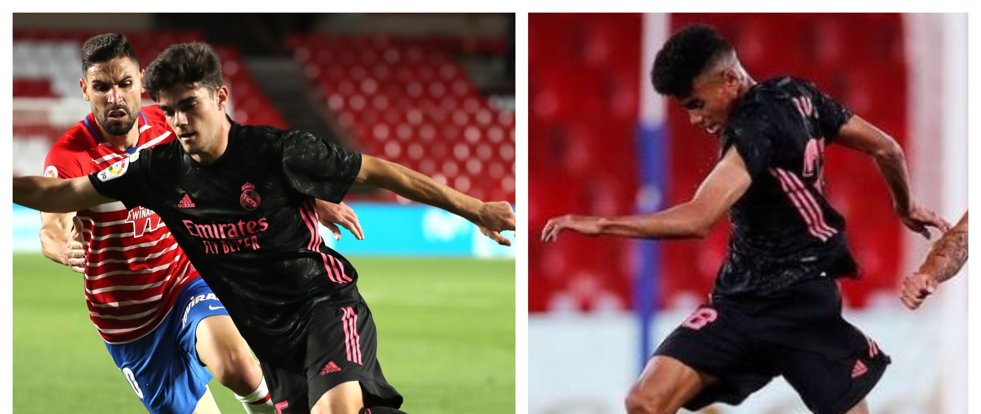 Miguel Gutiérrez y Marvin Park, durante el partido entre Real Madrid y Granada. (Foto Prensa Libre: EFE e Instagram @marvinnpark)