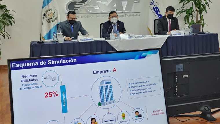 Funcionarios de la SAT explican la forma en como empresas afiliados simulan negocios para disminuir el pago del ISR. (Foto, Prensa Libre: SAT).