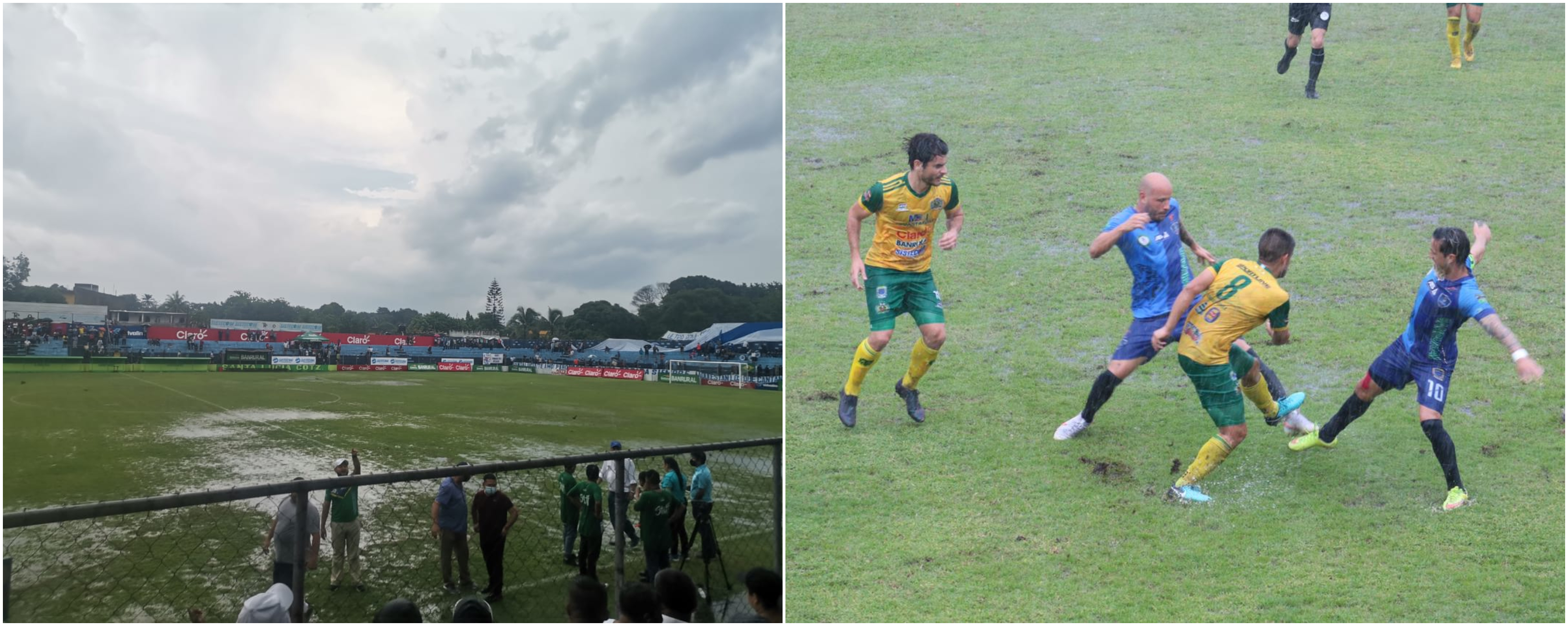 El estadio municipal de Santa Lucía Cotzumalguapa se anegó tras el torrencial aguacero. EL partido lo terminarán este viernes a las 11 horas. Foto Prensa Libre: Cortesía Andrés Nadf y FutbolerosGT
