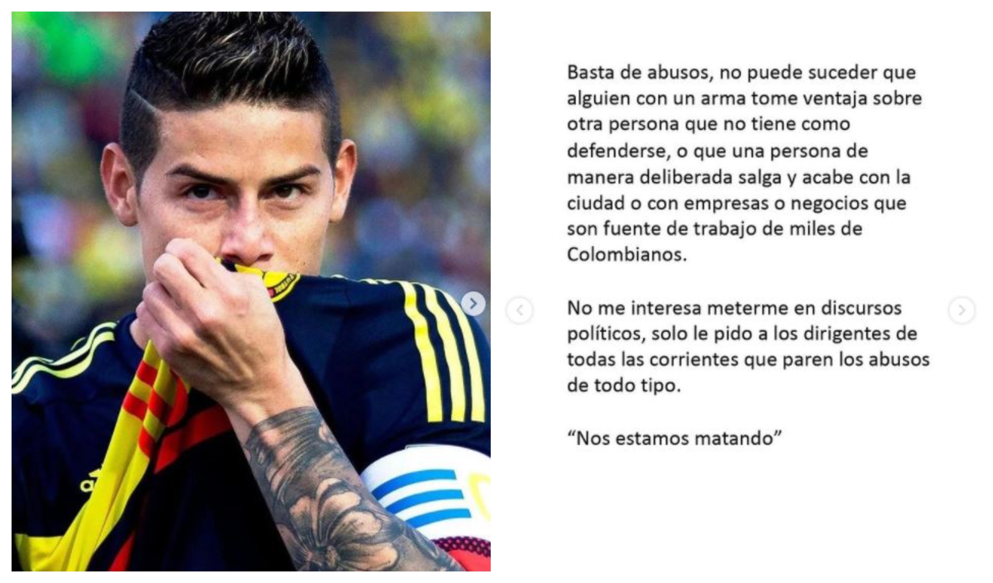 James Rodríguez publicó un mensaje en redes sociales sobre la situación en Colombia. (Foto Prensa Libre: Instagram @jamesrodriguez10)