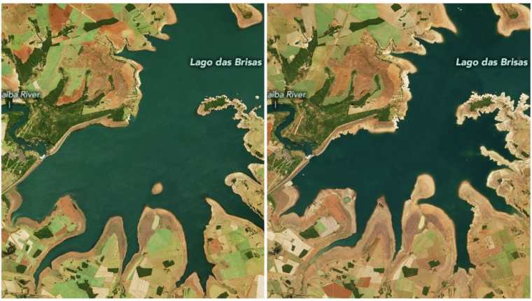 La comparación de estas imágenes de la NASA es una preocupante evidencia de la sequía en Brasil: la imagen izquierda fue tomada el 12 de junio de 2019, la derecha el 17 de junio de este año. (NASA)