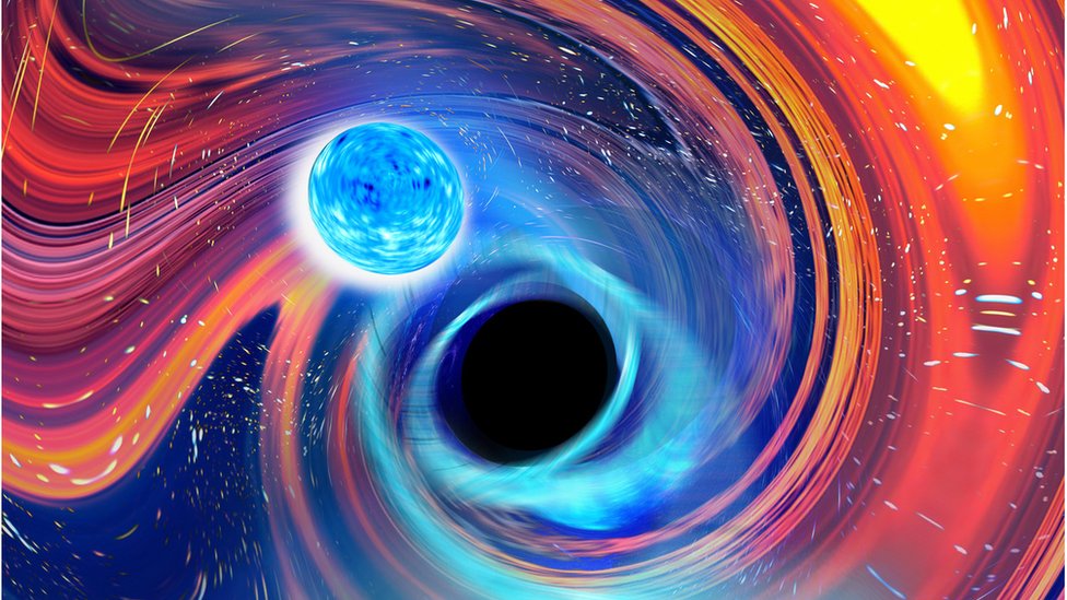 Impresión artística de una estrella de neutrones que cae en un agujero negro. (CARL KNOX/OZGRAV)