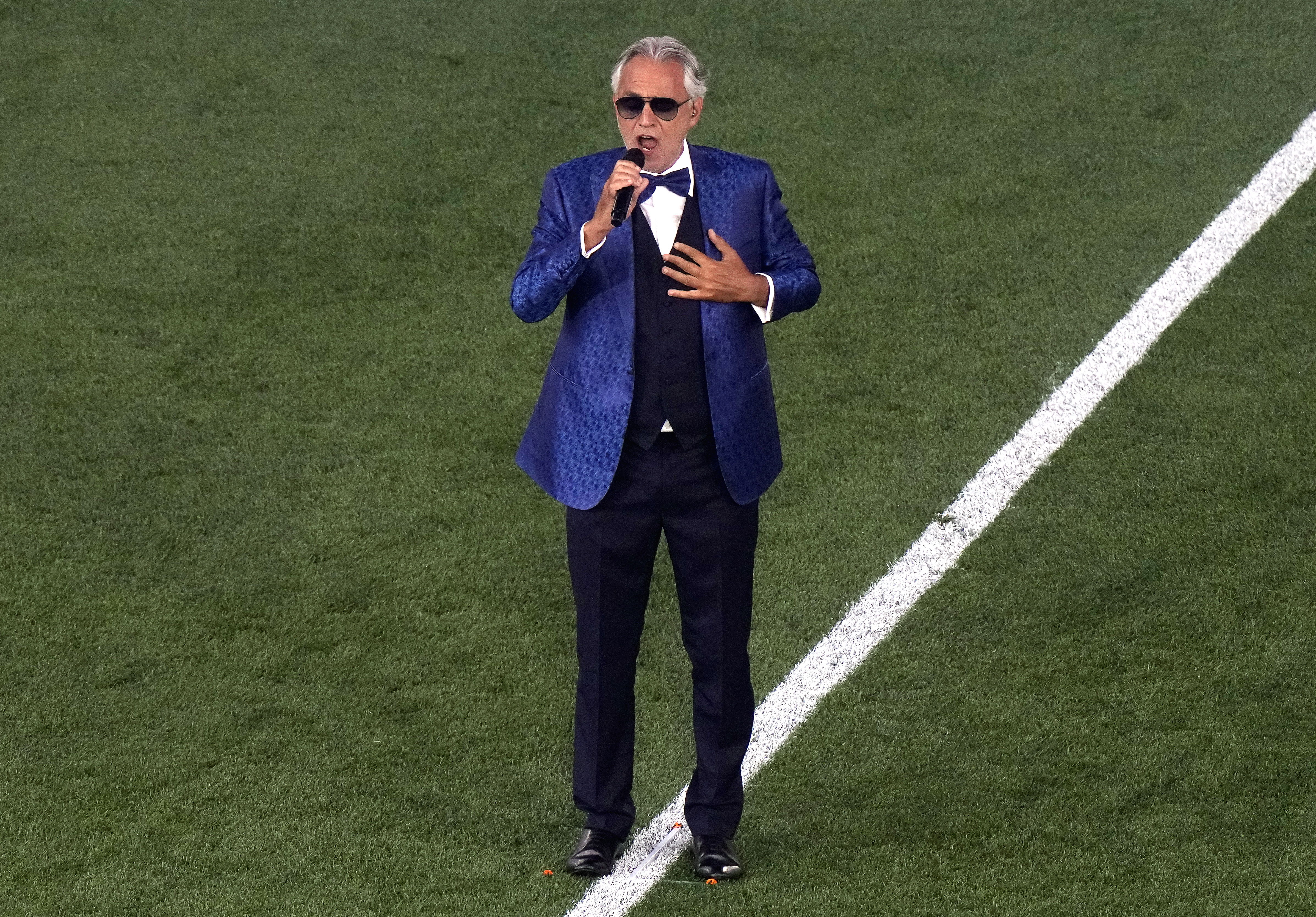 Rome (Italy), 11/06/2021.- Italian tenor Andrea Bocelli performs during the opening ceremony prior to the UEFA EURO 2020 group A preliminary round soccer match between Turkey and Italy at the Olympic Stadium in Rome, Italy, 11 June 2021. (Italia, Turquía, Roma) EFE/EPA/Andrew Medichini / POOL (RESTRICTIONS: For editorial news reporting purposes only. Images must appear as still images and must not emulate match action video footage. Photographs published in online publications shall have an interval of at least 20 seconds between the posting.)