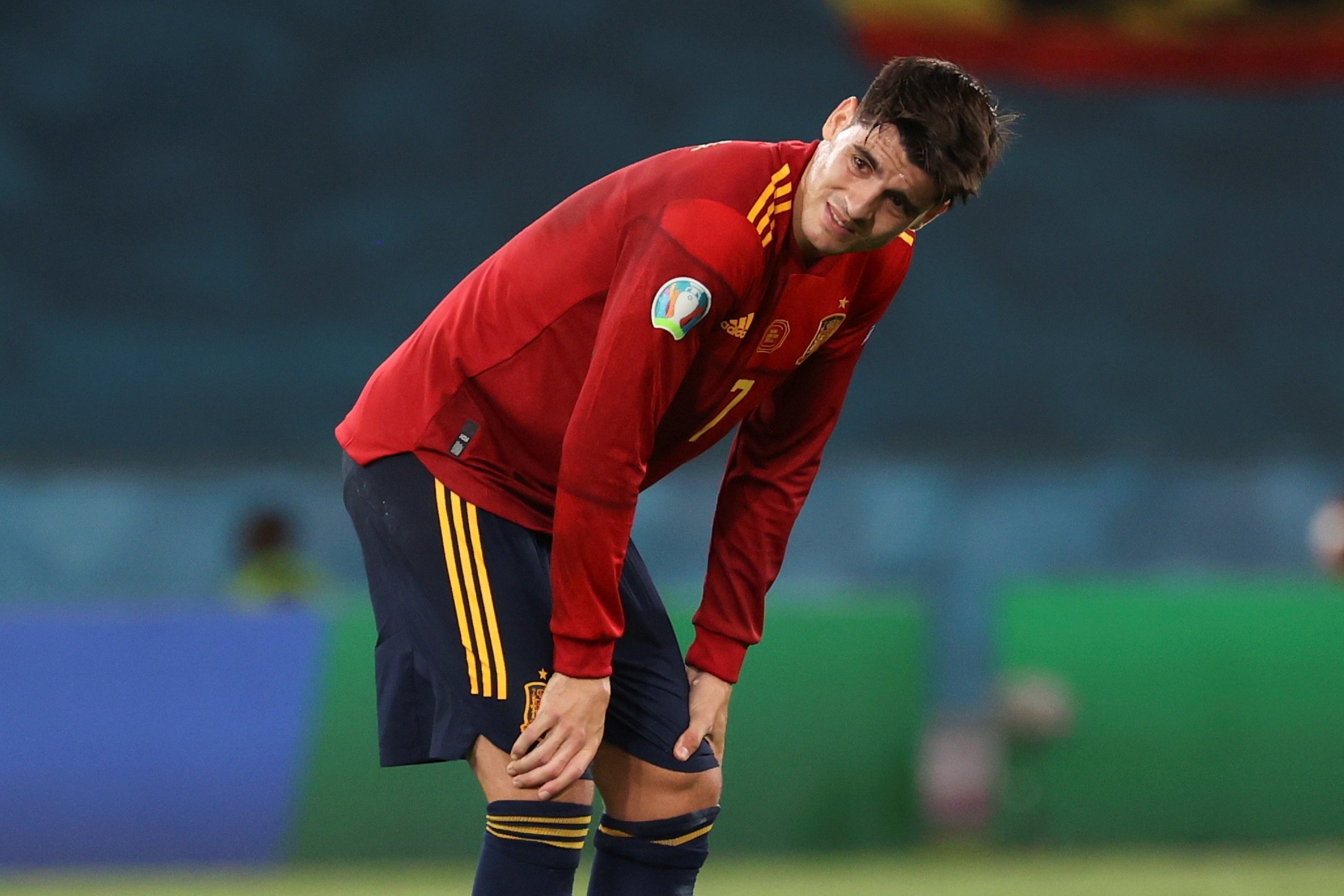El delantero de la selección española Álvaro Morata reacciona durante el encuentro del grupo E de la Eurocopa 2020 entre España y Polonia. (Foto Prensa Libre: EFE).