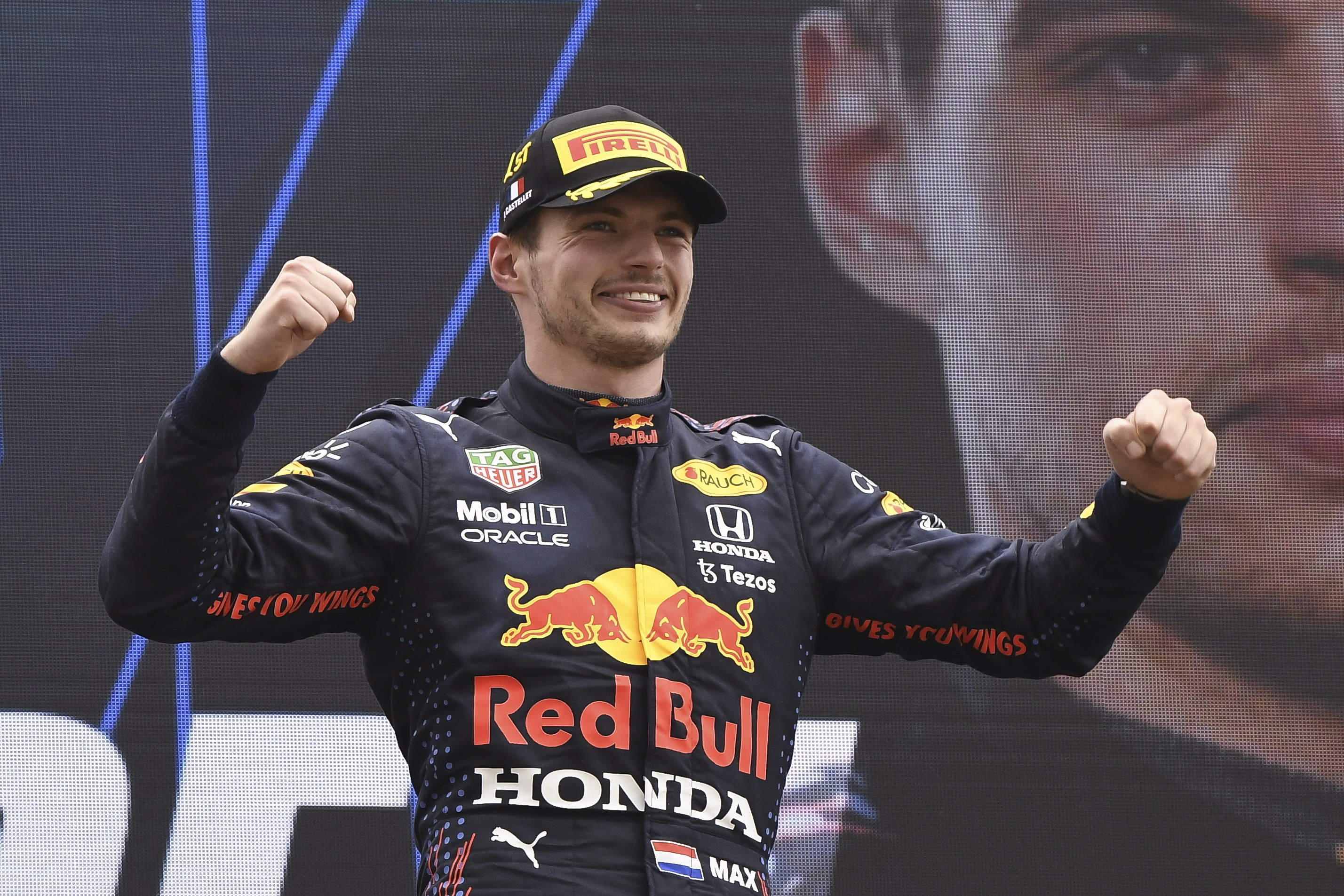 Le Castellet (France), 20/06/2021.- Winner Dutch Formula One driver Max Verstappen of Red Bull Racing reacts on the podium after the French Formula One Grand Prix at Paul Ricard circuit in Le Castellet, France, 20 June 2021. (Fórmula Uno, Francia) EFE/EPA/NICOLAS TUCAT / POOL
