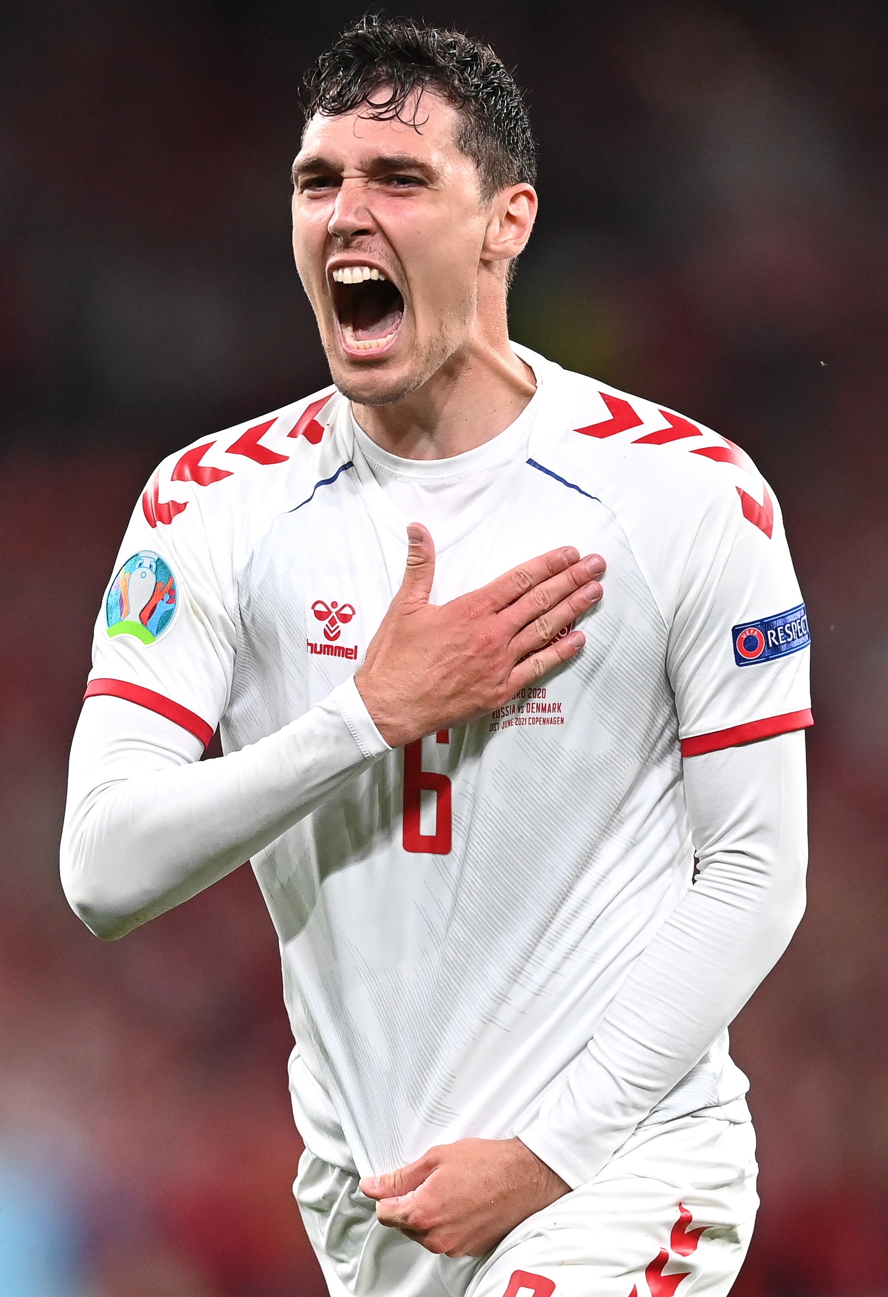 Copenhagen (Denmark), 21/06/2021.- Andreas Christensen of Denmark celebrates after scoring the 3-1 lead during the UEFA EURO 2020 group B preliminary round soccer match between Russia and Denmark in Copenhagen, Denmark, 21 June 2021. (Abierto, Dinamarca, Rusia, Copenhague) EFE/EPA/Stuart Franklin / POOL (RESTRICTIONS: For editorial news reporting purposes only. Images must appear as still images and must not emulate match action video footage. Photographs published in online publications shall have an interval of at least 20 seconds between the posting.)
