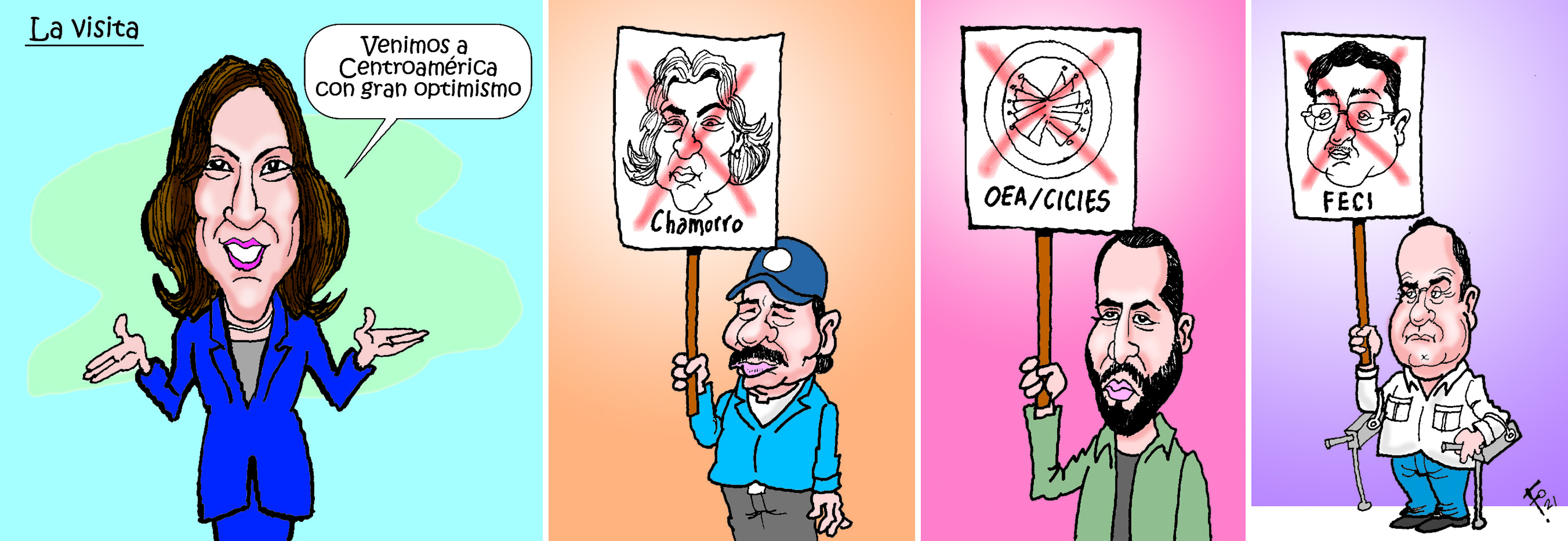 Personajes: Kamala Harris, Daniel Ortega, Violeta Chamorro, Nayib Bukele, Alejandro Giammattei y Francisco Sandoval.