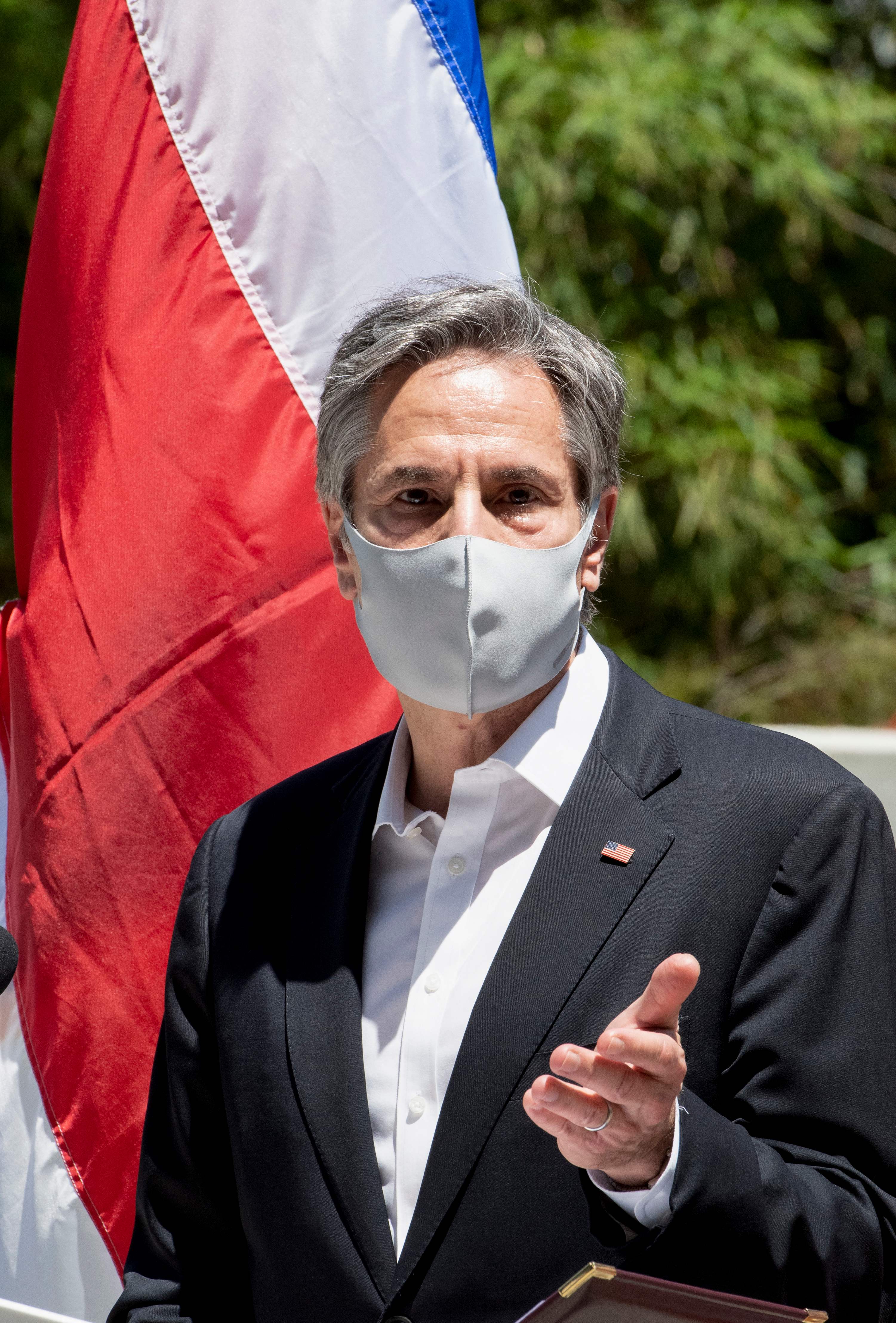 US Secretary of State Antony Blinken speaks during the launch of the National Land Use, Land Cover, and Ecosystems Monitoring System (SIMOCUTE) in San Jose, on June 2, 2021. - Antony Blinken, who is making his first visit to Latin America, was due to meet with foreign ministers from the member countries of the Central American Integration System (Sica): Belize, Costa Rica, Dominican Republic, El Salvador, Guatemala, Honduras, Nicaragua and Panama. (Photo by Ezequiel BECERRA / AFP)