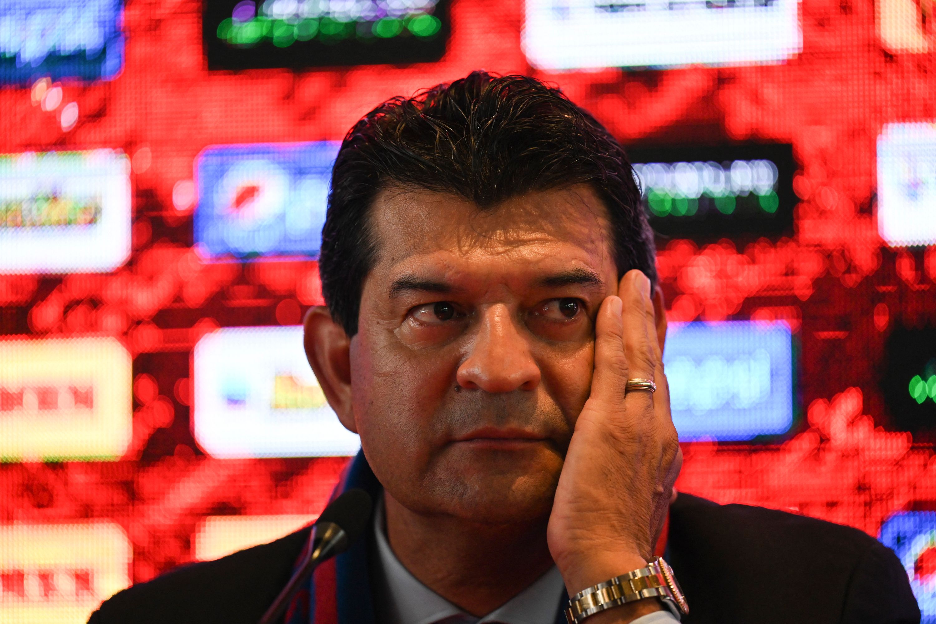 Newly appointed coach of Guatemala's Municipal football team, Paraguayan Jose Cardozo, who replaces Argentinian Sebastian Bini, gestures during a press conference in Guatemala City on June 4, 2021. (Photo by Johan ORDONEZ / AFP)