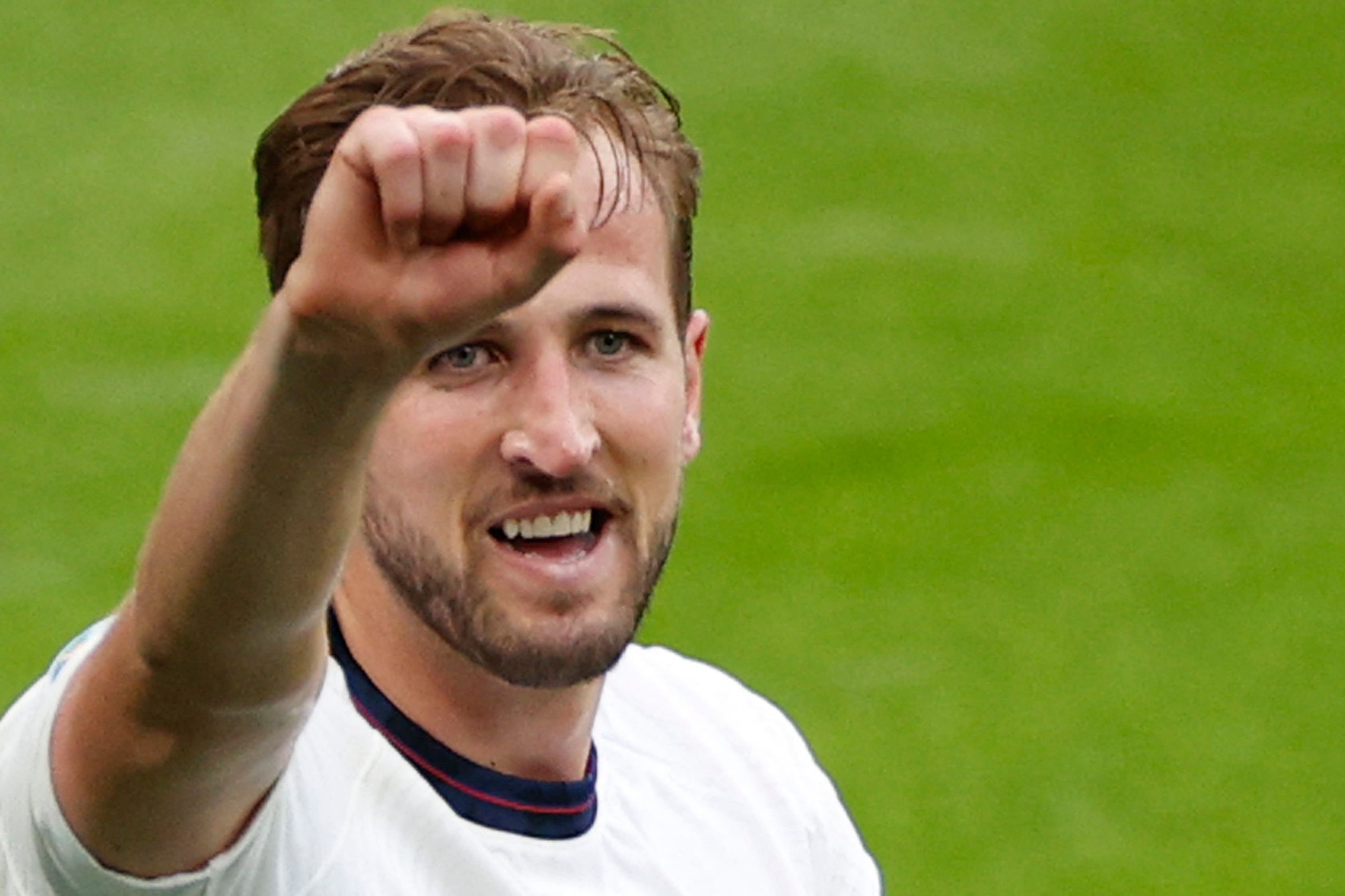 England's forward Harry Kane celebrates after scoring the second goal during the UEFA EURO 2020 round of 16 football match between England and Germany at Wembley Stadium in London on June 29, 2021. (Photo by JOHN SIBLEY / POOL / AFP)