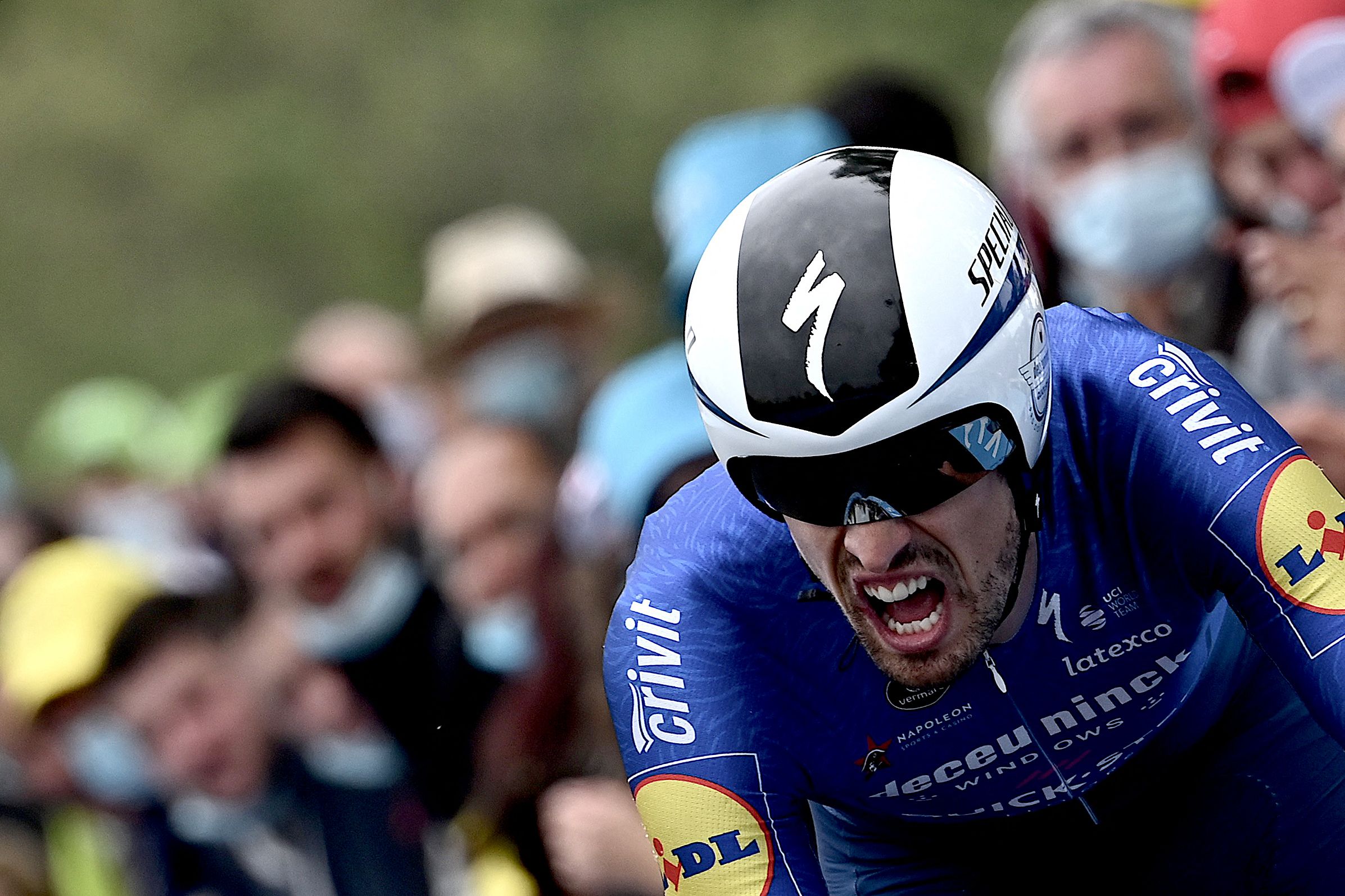 Team Deceuninck Quickstep's Mattia Cattaneo of Italy rides during the 5th stage of the 108th edition of the Tour de France cycling race, a 27 km time trial between Change and Laval, on June 30, 2021. (Photo by Philippe LOPEZ / AFP)
