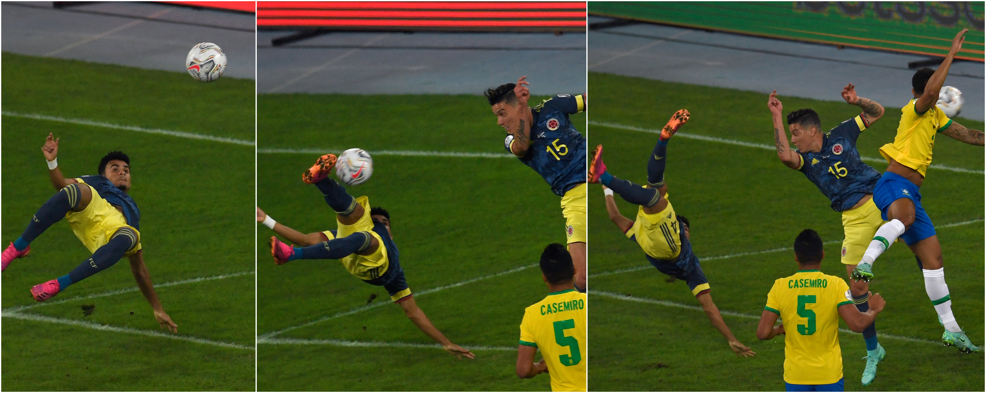 Esta es la secuencia del golazo que marco Luis Fernando Díaz este miércoles 23 de junio ante Brasil. El pase fue de Juan Cuadrado. Foto Prensa Libre: AFP.