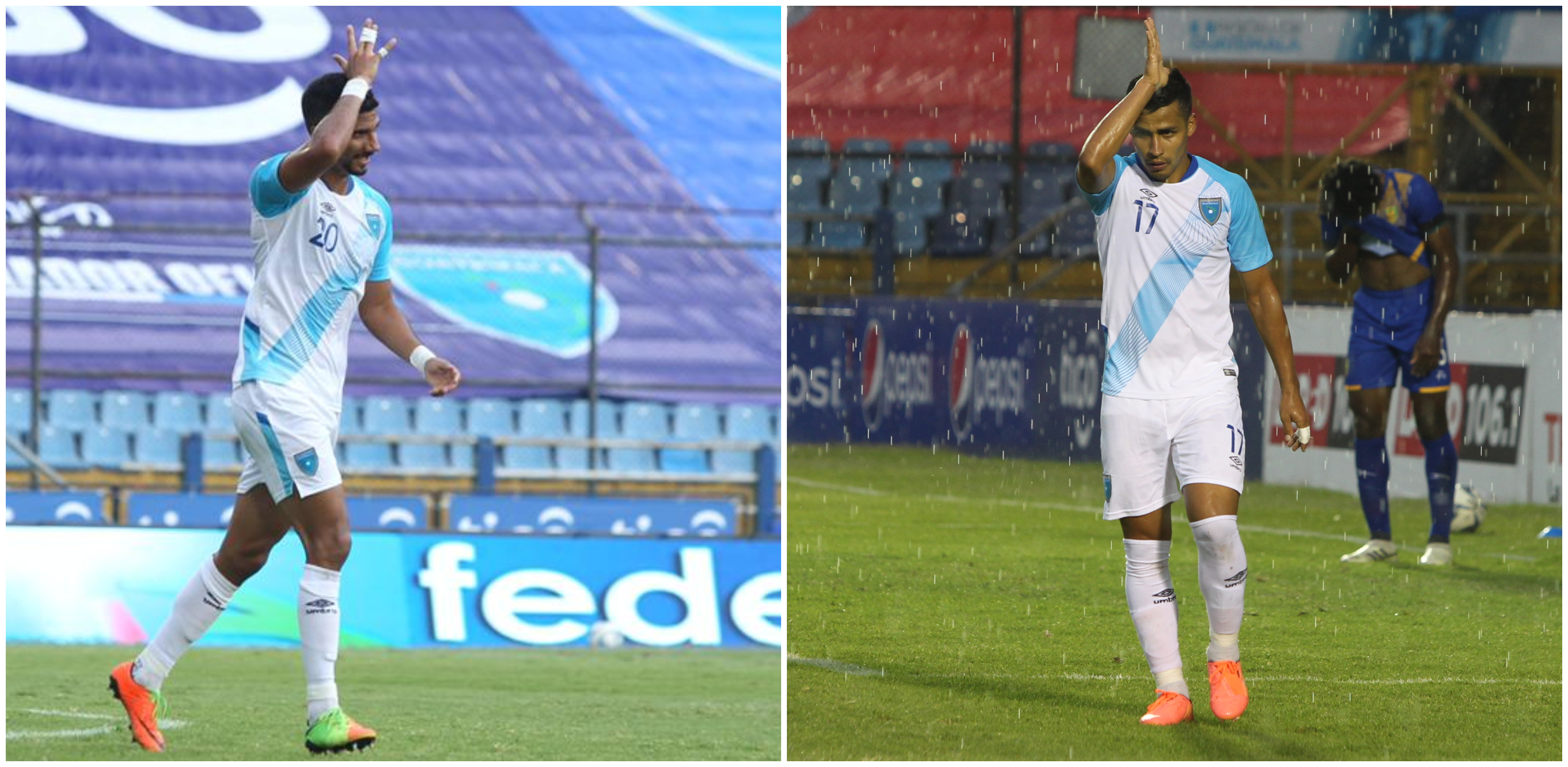 Gerardo Gordillo (20) y Luis Martínez recordaron a Carlos "el Pescado" Ruiz después de anotar sus respectivos goles ante San Vicente y las Granadinas. El marcador final fue de 10-0.