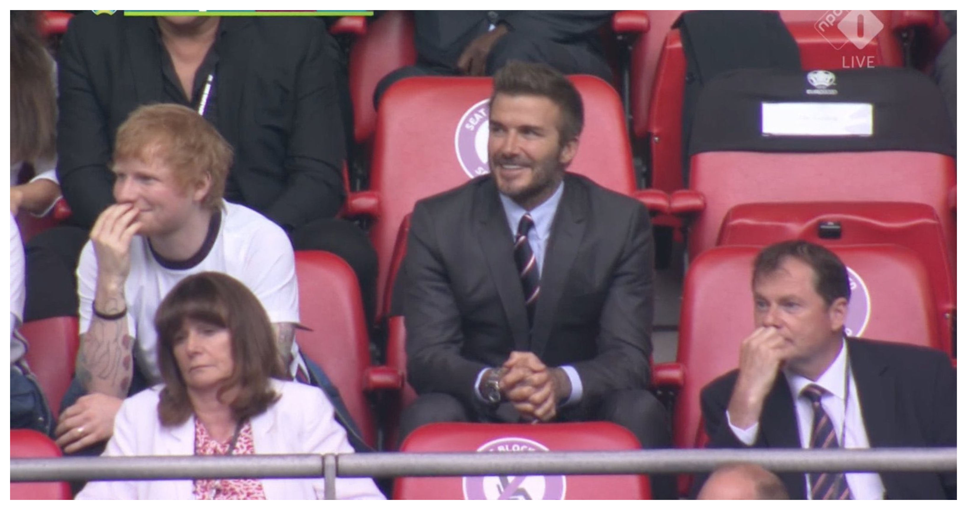 Ed Sheeran y David Beckham vivieron la victoria de Inglaterra ante Alemania en un palco del estadio Wembley. Foto Prensa Libre: Redes sociales.