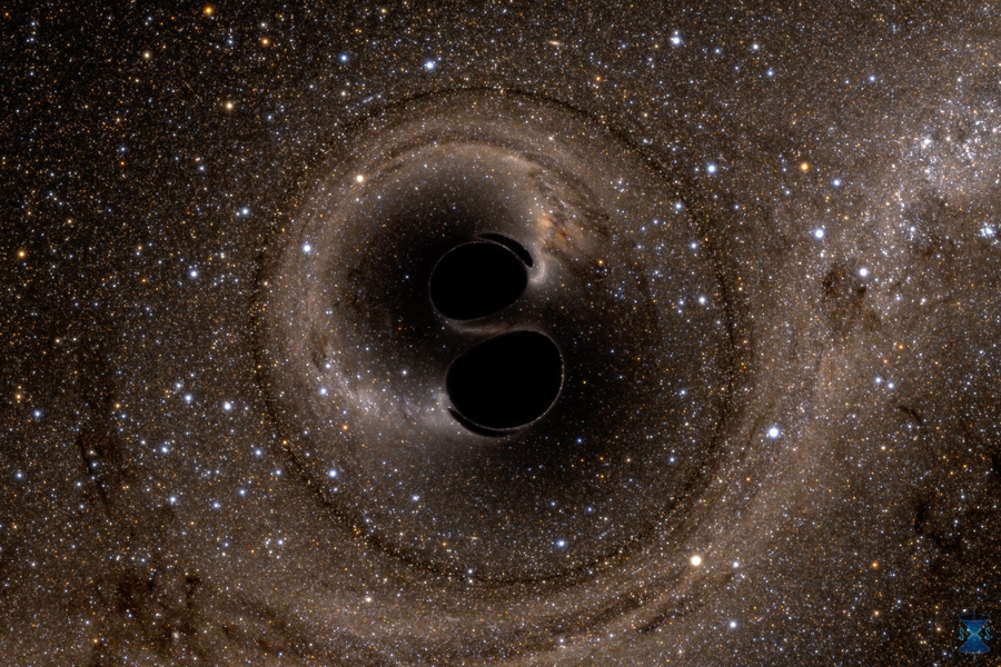 Simulación de colisión de dos agujeros negros en espiral.