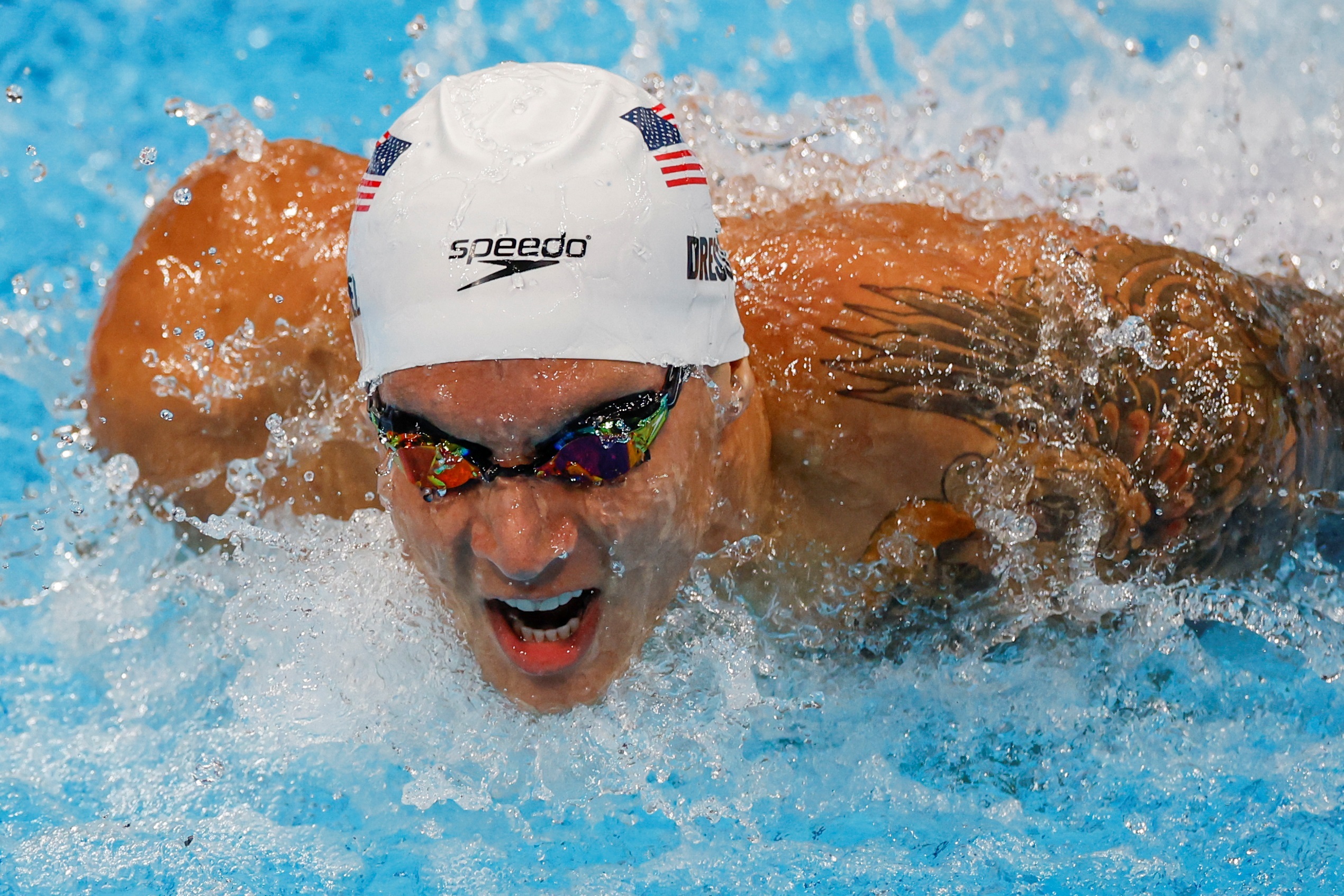 El estadounidense Caeleb Dressell compite en los 100m mariposa masculino de natación durante los Juegos Olímpicos 2020, este jueves 29 de julio en el Centro Acuático de Tokio (Japón). Foto Prensa Libre: EFE.