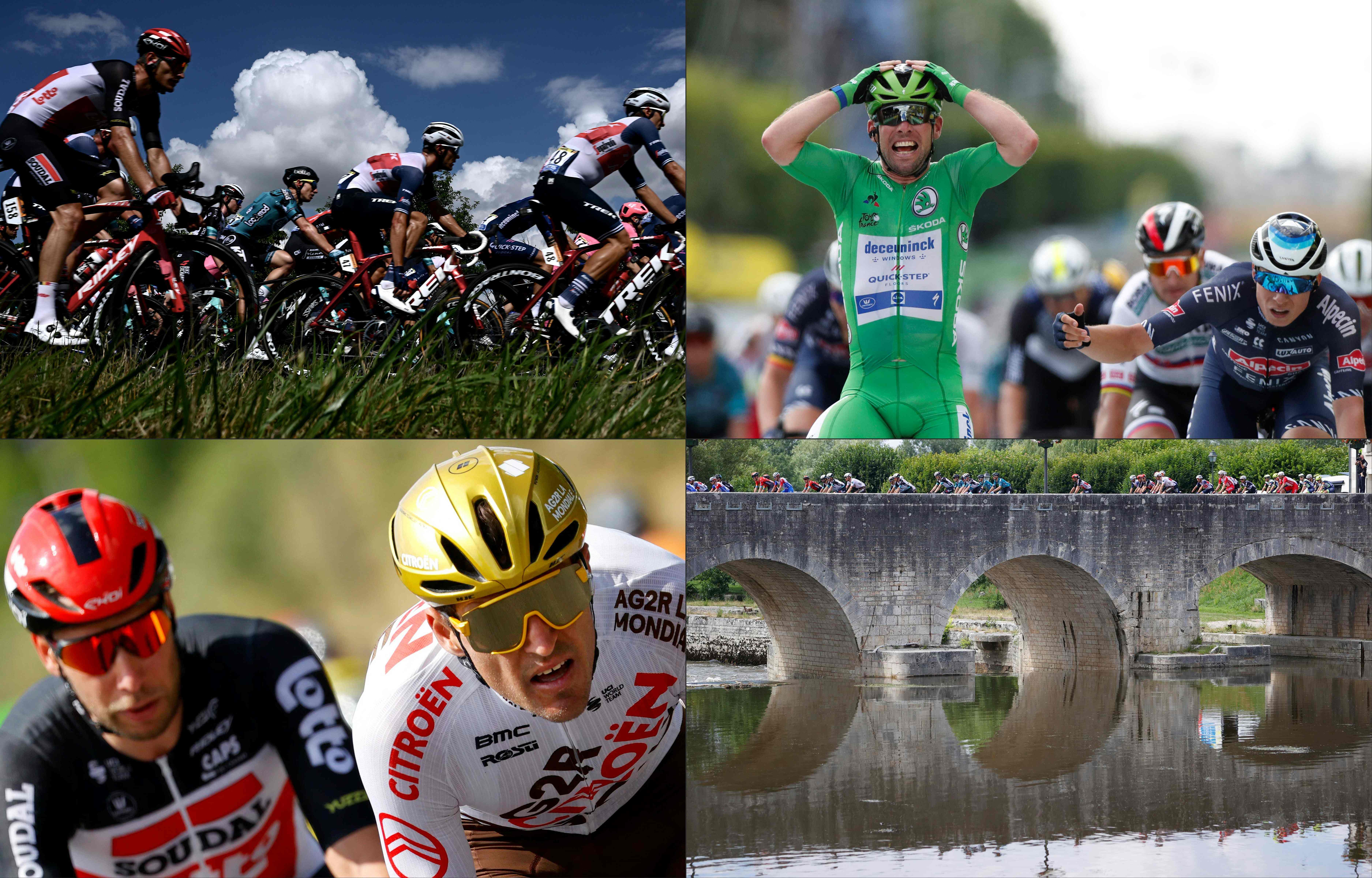 (COMBO) In this combination of pictures created on July 01, 2021, The pack rides during the 6th stage of the 108th edition of the Tour de France cycling race, 160 km between Tours and Chateauroux, on July 01, 2021, Team Deceuninck Quickstep's Mark Cavendish of Great Britain celebrates as he crosses the finish line, Breakaway riders Team AG2R Citroen's Greg Van Avermaet of Belgium (R) and Team Lotto Soudal's Roger Kluge of Germany compete, and the pack rides on a bridge. (Photos by various sources / AFP)