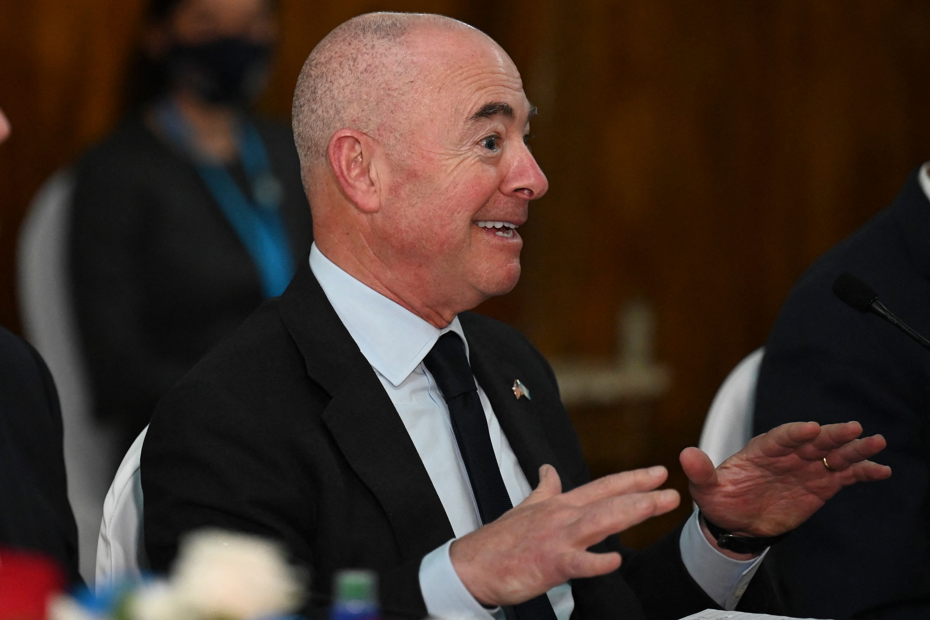 US Secretary Of Homeland Security Alejandro Mayorkas speaks with Guatemalan President Alejandro Giammattei (out of frame) during a meeting at the Culture Palace in Guatemala City on July 6, 2021. (Photo by Johan ORDONEZ / AFP)