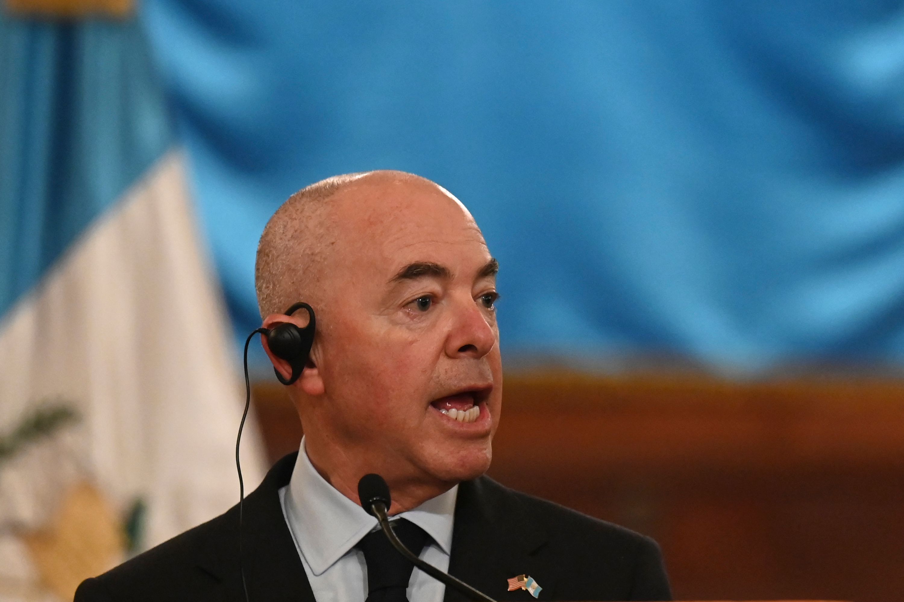 US Secretary Of Homeland Security Alejandro Mayorkas speaks during a press conference with Guatemalan Foreign Minister Pedro Brolo (out of frame), at the Culture Palace in Guatemala City, on July 6, 2021. (Photo by Johan ORDONEZ / AFP)