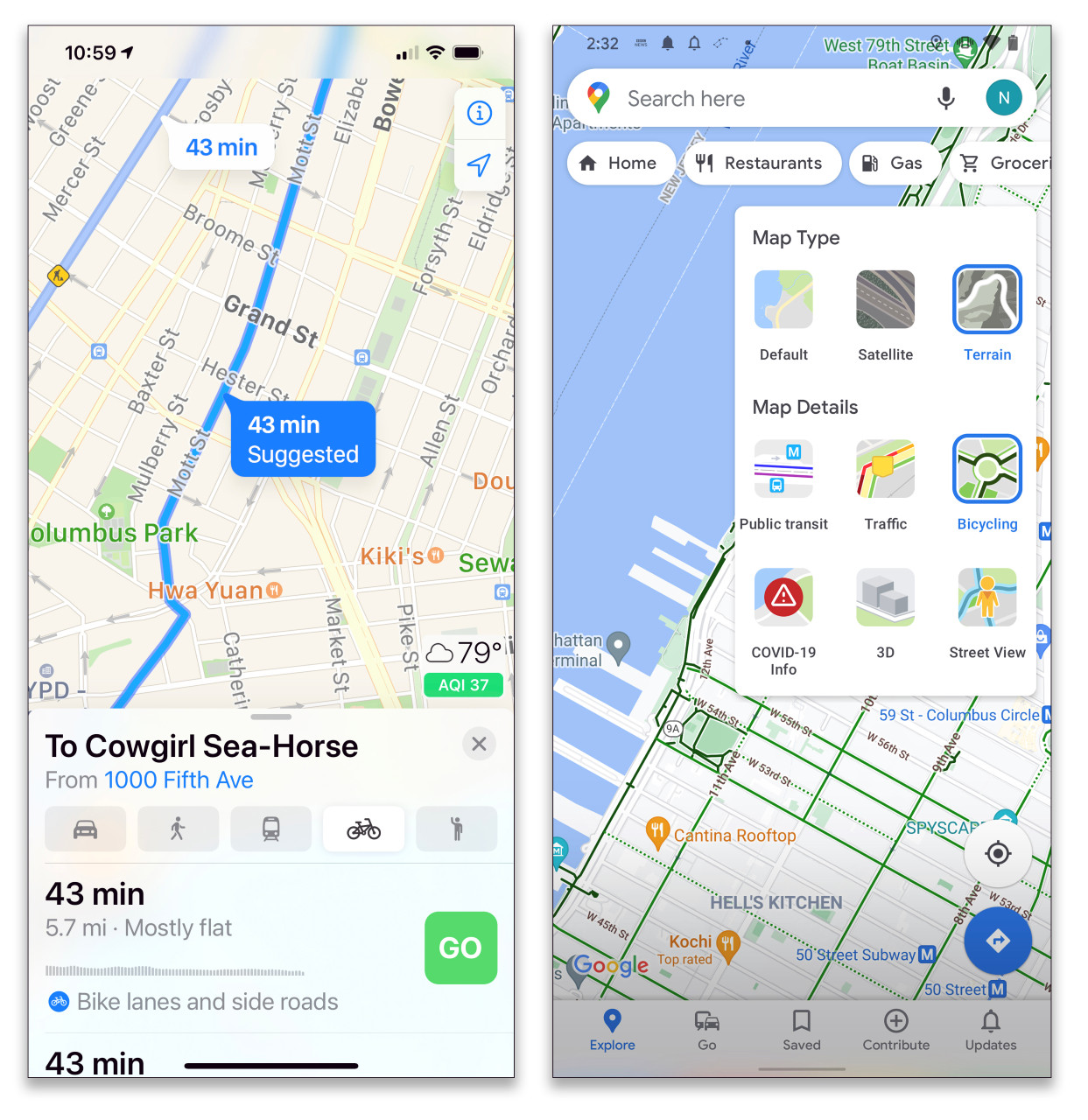 Apple Maps, izquierda, y Google Maps ofrecen rutas en bicicleta e información para quienes les gusta viajar en bicicleta.  (Google a través de The New York Times)