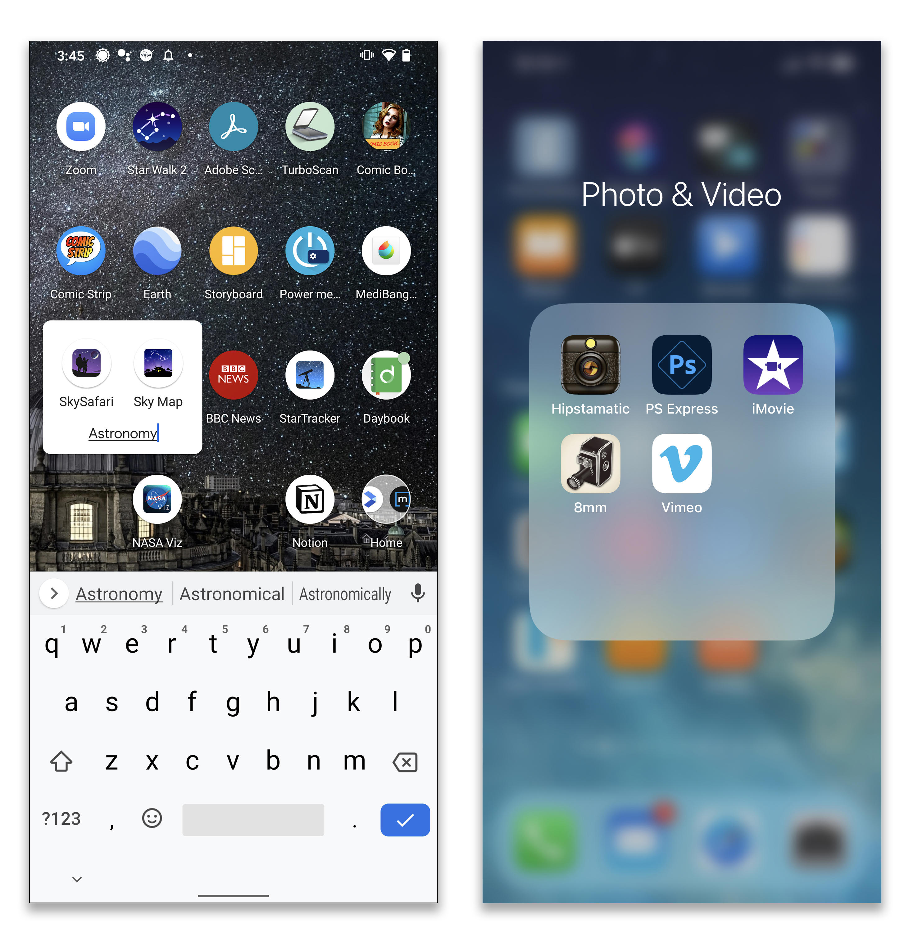 Tanto Android, izquierda como iOS te permiten arrastrar íconos de aplicaciones uno encima del otro para crear carpetas personalizadas en tu pantalla de inicio. (a través de The New York Times).