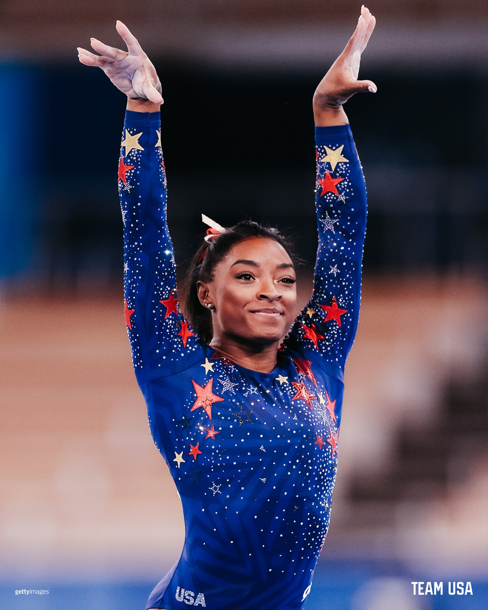 Simone Biles al terminar su presentación. Foto Prensa Libre: (Twitter @TeamUSA)
