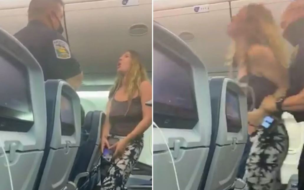 Mujer se niega a usar mascarilla, escupe a pasajeros y es expulsada de un avión. (Foto Prensa Libre: Twitter)