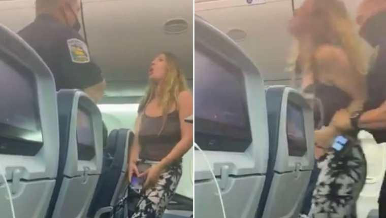 Mujer se niega a usar mascarilla, escupe a pasajeros y es expulsada de un avión. (Foto Prensa Libre: Twitter)