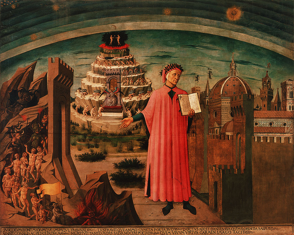 Alegoría de La Divina Comedia de Domenico di Michelino. Dante sostiene su obra. A un lado está Florencia y al otro, una visión del infierno. Detrás de Dante, humanos que intentan ascender al cielo. 