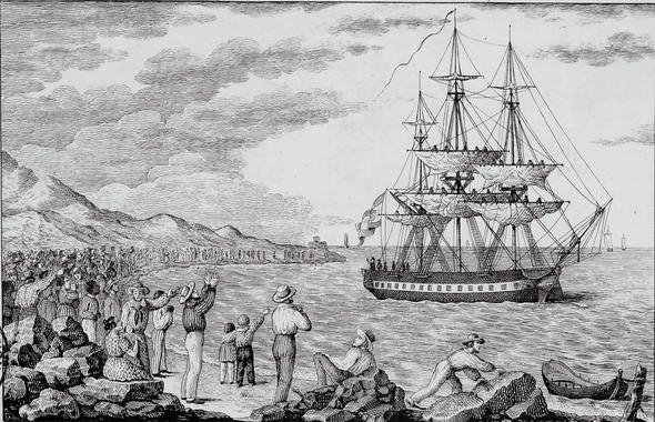 Un grabado de la Expedicion Balmis partiendo de La Coruña, España, en 1803. Wiki Commons