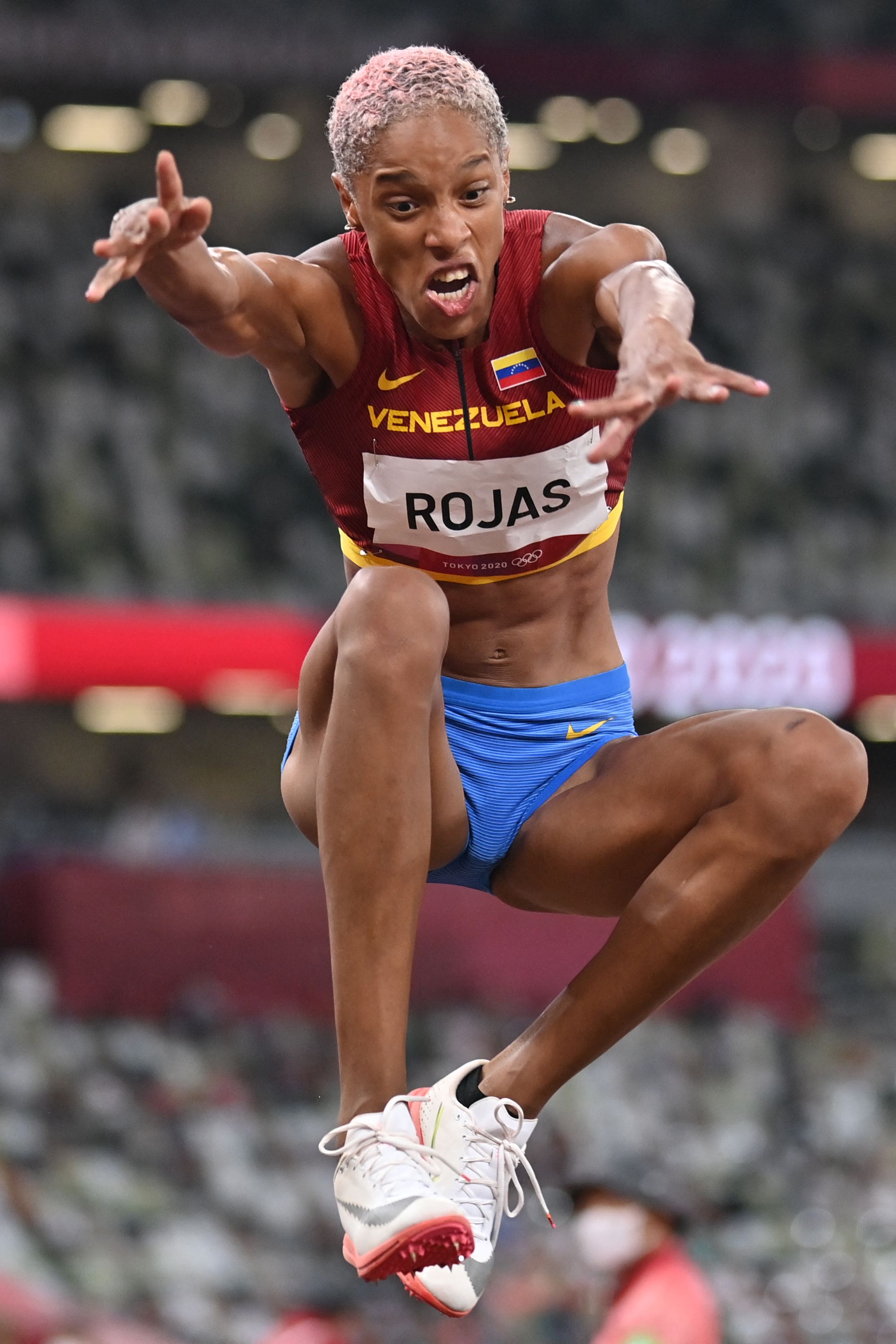 TOPSHOT - Venezuela's Yulimar Rojas competes in the women's triple jump final during the Tokyo 2020 Olympic Games at the Olympic Stadium in Tokyo on August 1, 2021. (Photo by Andrej ISAKOVIC / AFP)