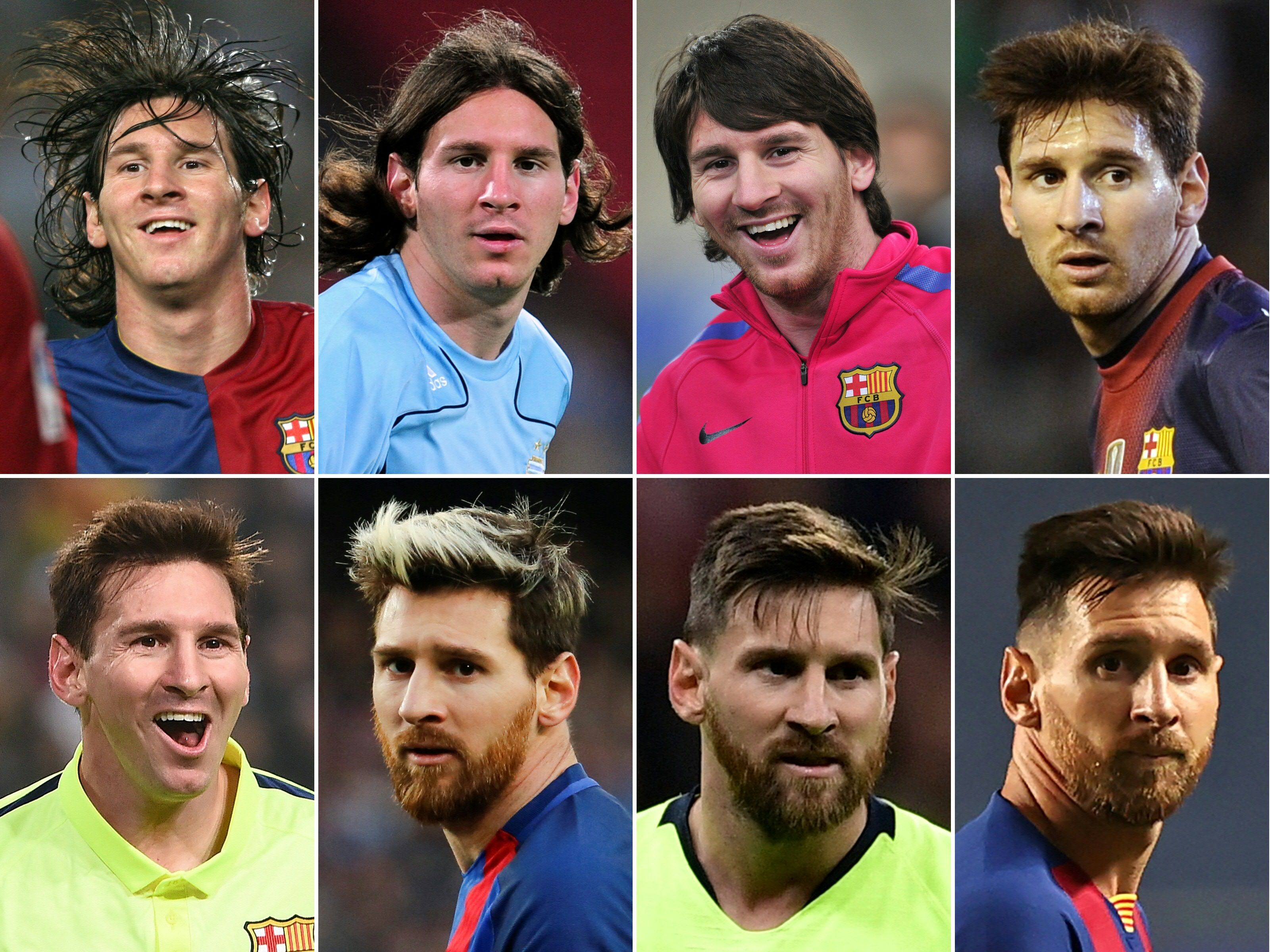En este combo fotográfico se aprecia a Leo Messi en 2006, 2008, 2010, 2012, 2014, 2016 y 2018 con el Barcelona. Después de 20 años se marchó al futbol de Francia. AFP.