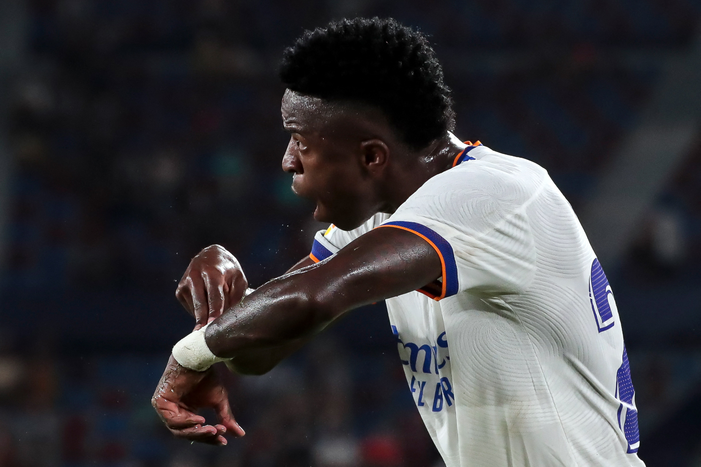 Real Madrid's Brazilian forward Vinicius Junior gestures during the Spanish League football match between Levante UD and Real Madrid CF at the Ciutat de Valencia stadium in Valencia on August 22, 2021. (Photo by Jose Miguel FERNANDEZ / AFP)