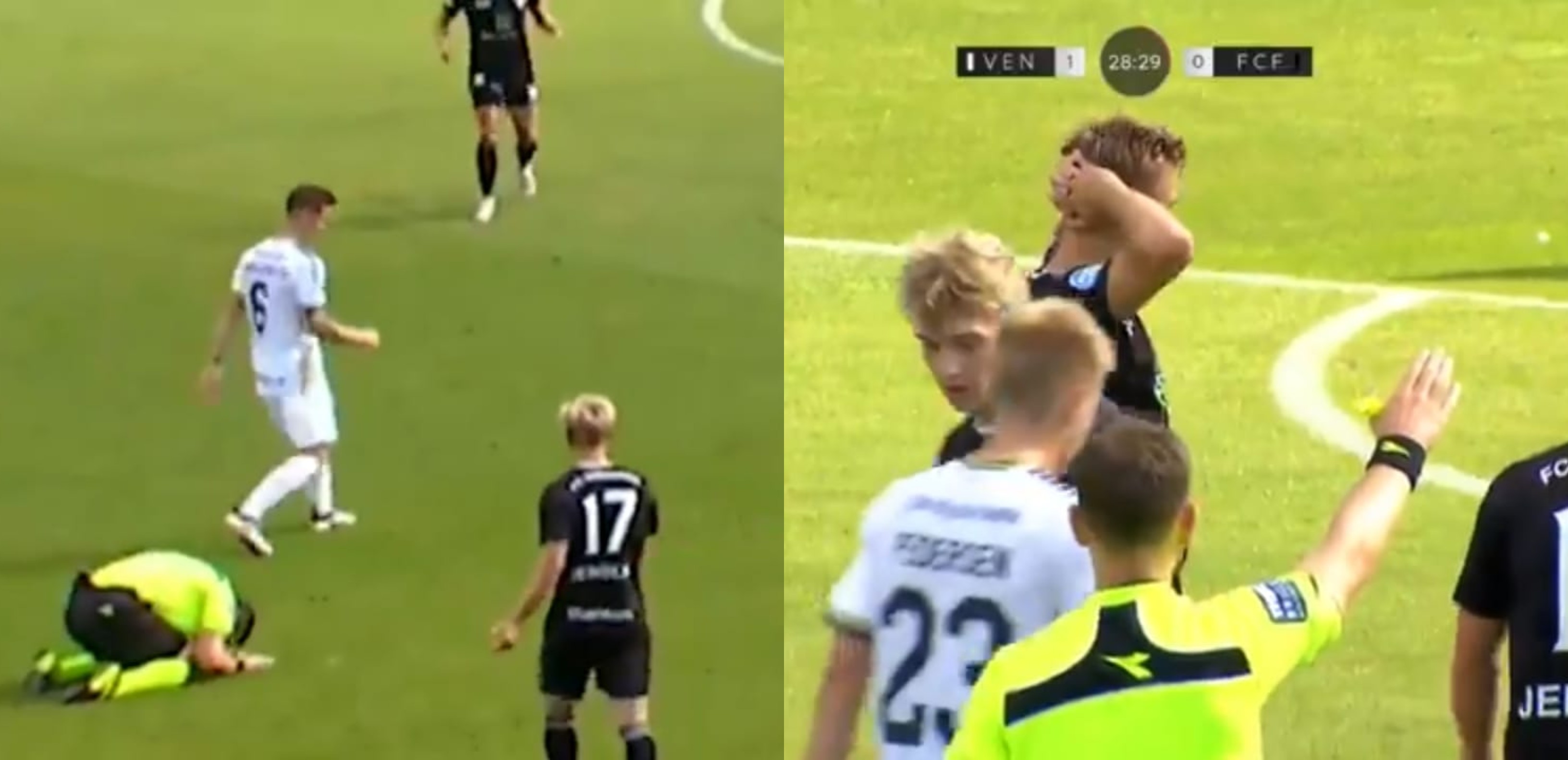 El árbitro Nils Heer se hincó al darse cuenta de su error. Algunos jugadores se le acercaron para consolarlo. Foto captura de pantalla. 