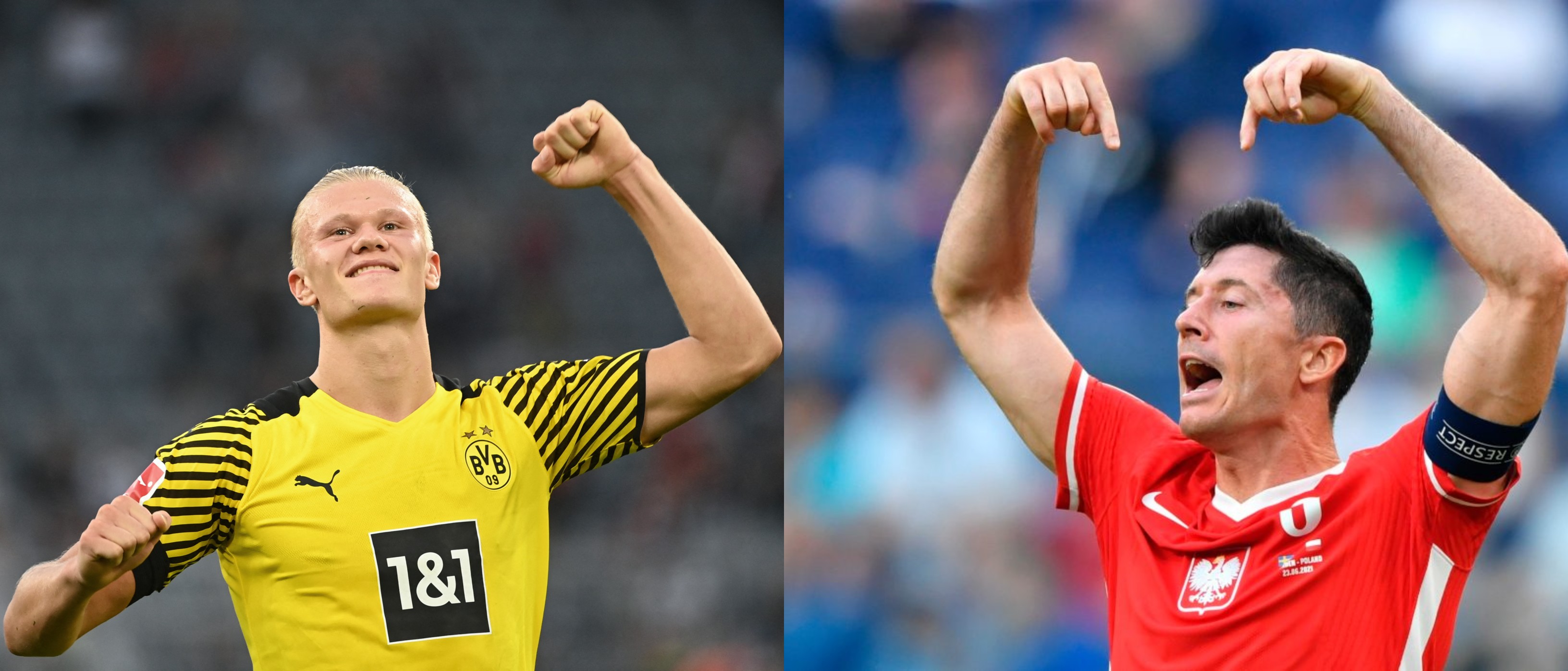 El noruego Erling Haaland, del Borussia Dortmund y Robert Lewandowski, del Bayern de Múnich, se enfrentarán por la Supercopa de Alemania. Fotos Prensa Libre: AFP y EFE.