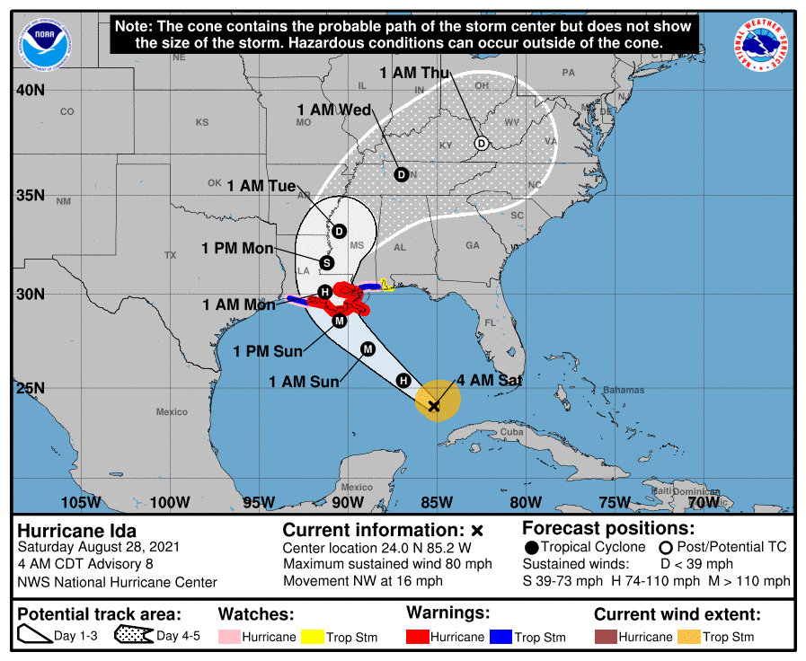 El huracán Ida llegará a las costas de EE. UU. con categoría 4, según el Servicio Meteorológico nacional. (Foto Prensa Libre: Centro Nacional de Huracanes)
