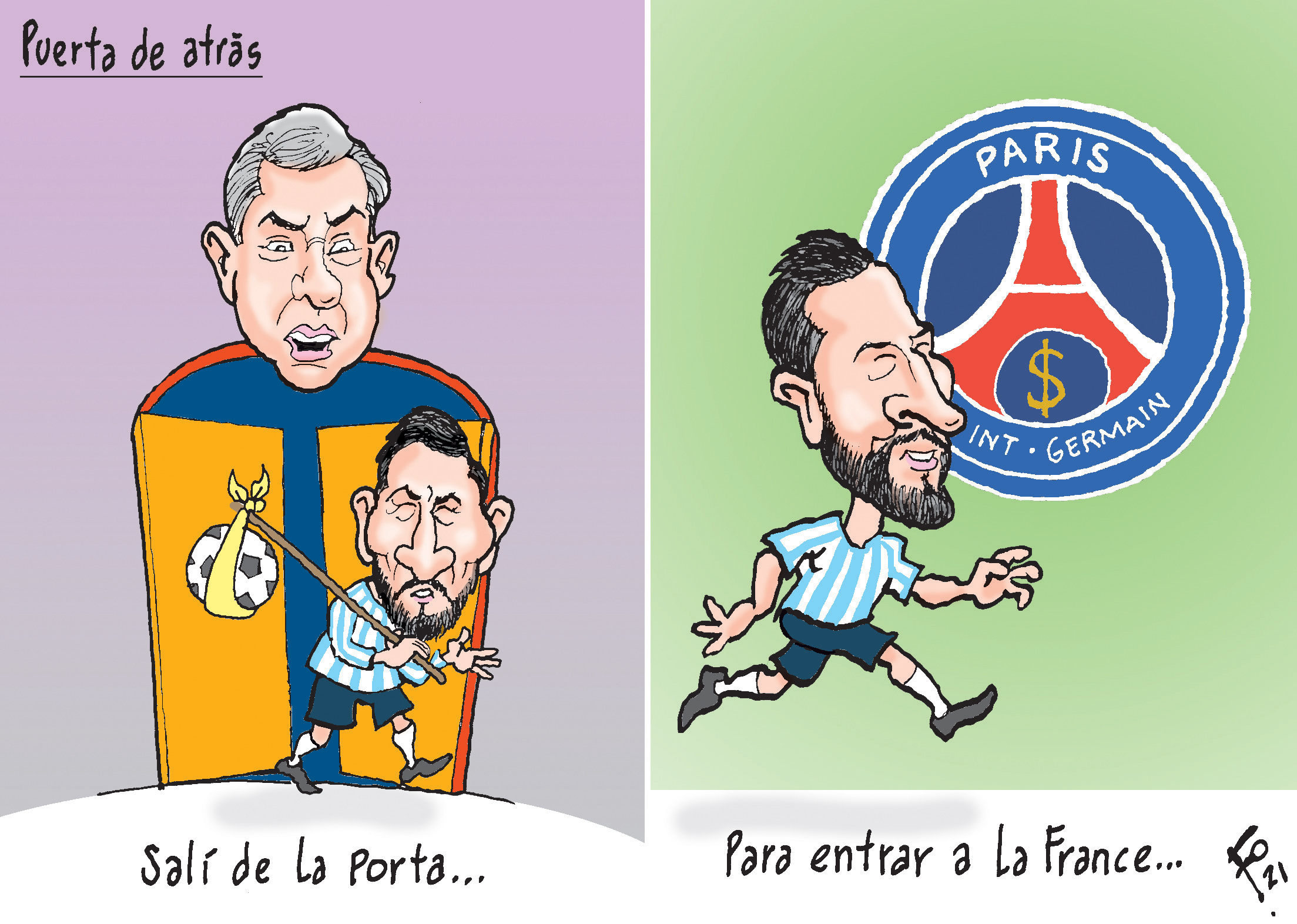 Personajes: Joan Laporta y Lionel Messi.