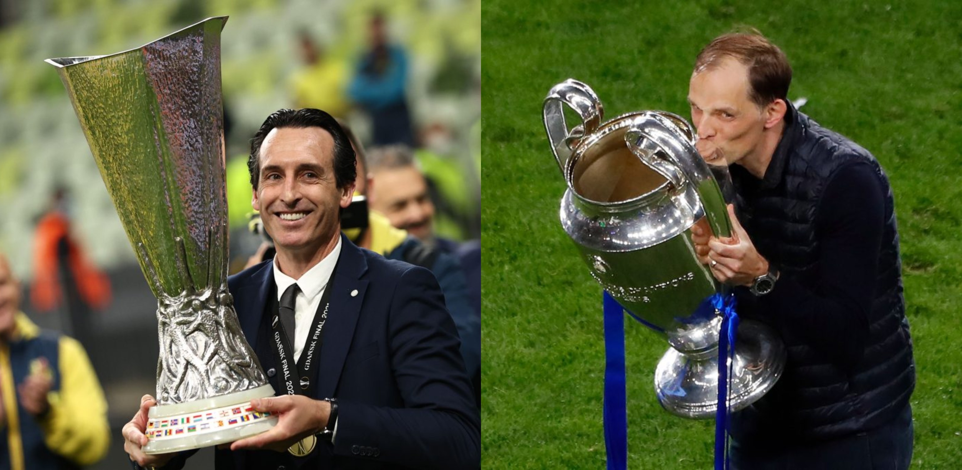 Unai Emery (D), técnico del Villarreal y Thomas Tuchel (I) del Chelsea, disputarán la Supercopa de Europa. Ambos fueron entrenadores del PSG. Foto Prensa Libre: AFP y EFE