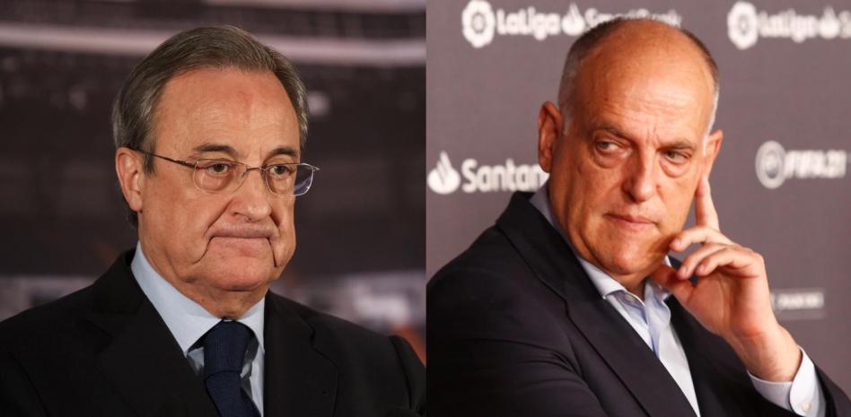 Florentino Pérez, presidente del Real Madrid y el presidente de LaLiga, Javier Tebas. Fotos AFP.