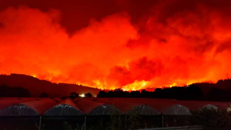 El humo y las llamas se elevan cuando un incendio forestal quema el área de Skepasti en la isla de Evia, costa este de Grecia. (Foto Prensa Libre: EFE)
