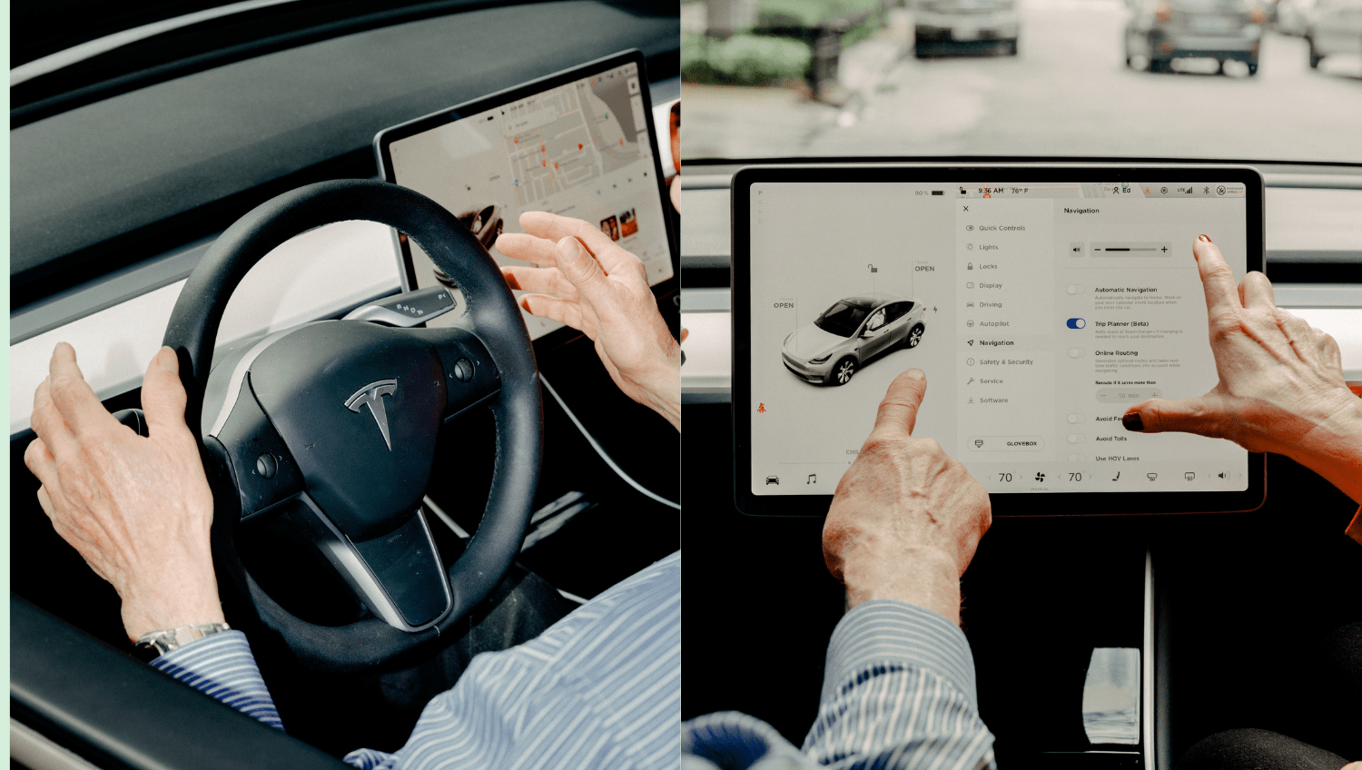 Una pareja hace una demostración de algunas de las opciones y capacidades a las que se pueden acceder a través de la pantalla táctil de su automóvil Tesla en Chicago, el 4 de junio de 2021. (Evan Jenkins/The New York Times).