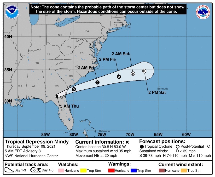 USA1413. MIAMI (FL, EEUU), 09/09/2021.- Imagen cedida por la Oficina Nacional de Administración Oceánica y Atmosférica (NOAA) a través del Centro Nacional de Huracanes (NHC) donde se muestra el pronóstico de cinco días de la trayectoria de la depresión tropical Mindy. Degradada a depresión tropical tras tocar tierra en el noroeste de Florida la pasada noche, Mindy castigaba este jueves con fuertes lluvias el sureste de Georgia y la costa de Carolina del Sur, mientras el huracán Larry seguía avanzando sobre el Atlántico rumbo a Terranova (Canadá). EFE/NOAA-NHC/SOLO USO EDITORIAL/SOLO DISPONIBLE PARA ILUSTRAR LA NOTICIA QUE ACOMPAÑA (CRÉDITO OBLIGATORIO)