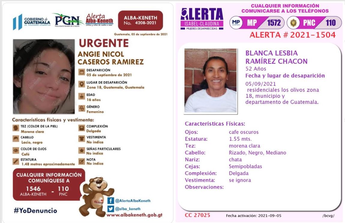 Alertas por la desaparición de Angie Nicol Caseros Ramírez y su mamá Blanca Lesbia Ramírez Chacón. (Foto Prensa Libre:)