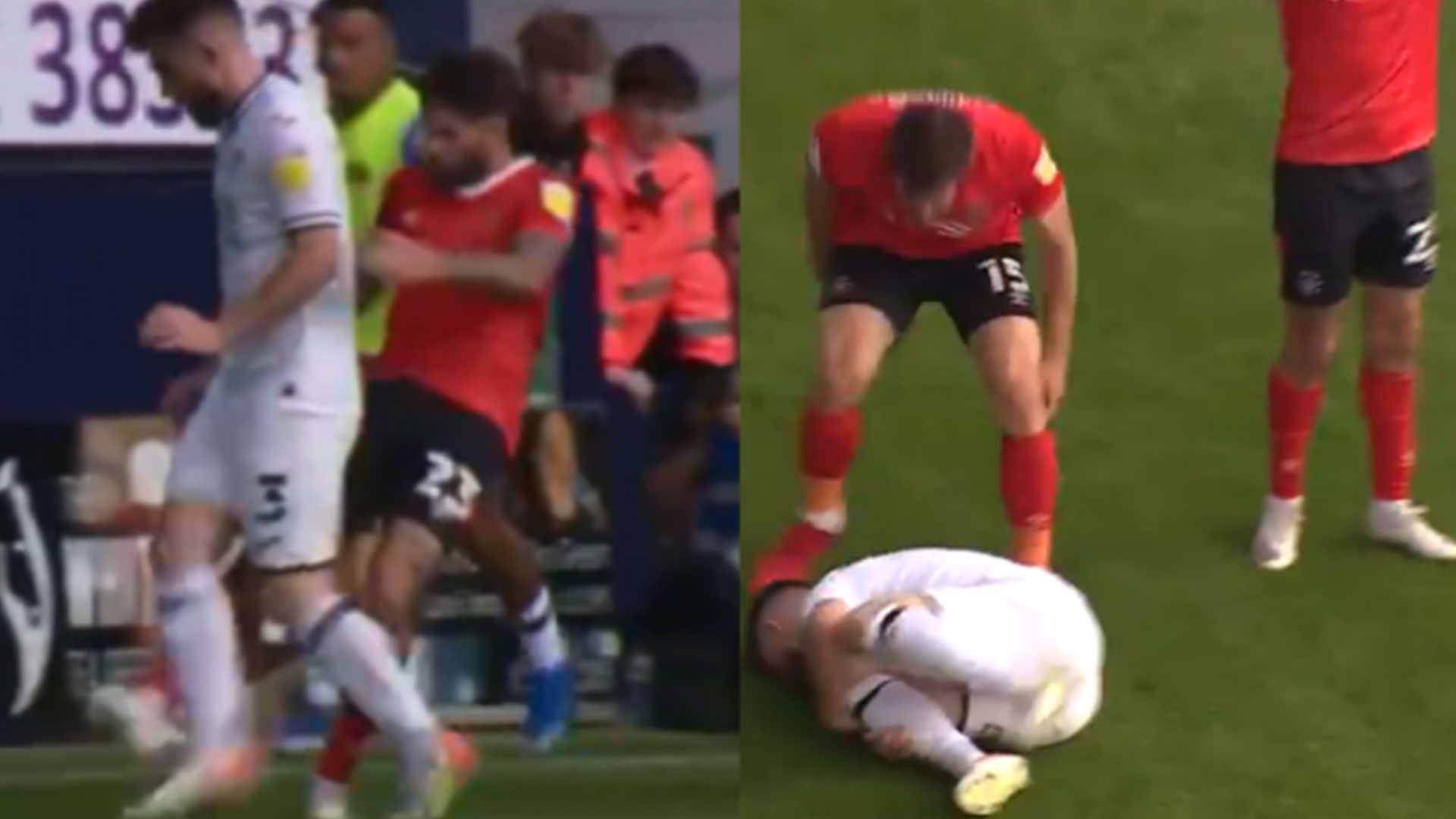 El jugador del Luton Town, Henri Lansbury (13) cuando derribó de una patada al jugador del Swansea, Ryan Manning y Tom Lockyer (15) después de la patada gritándole al mismo Manning. (Foto Prensa Libre: Twitter) 