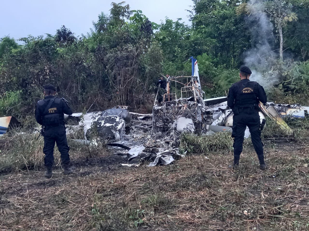 Agentes de la PNC resguardan los restos de una avioneta quemada, en San Luis, Petén, para que peritos del MP recaben evidencias. (Foto Prensa Libre: PNC)