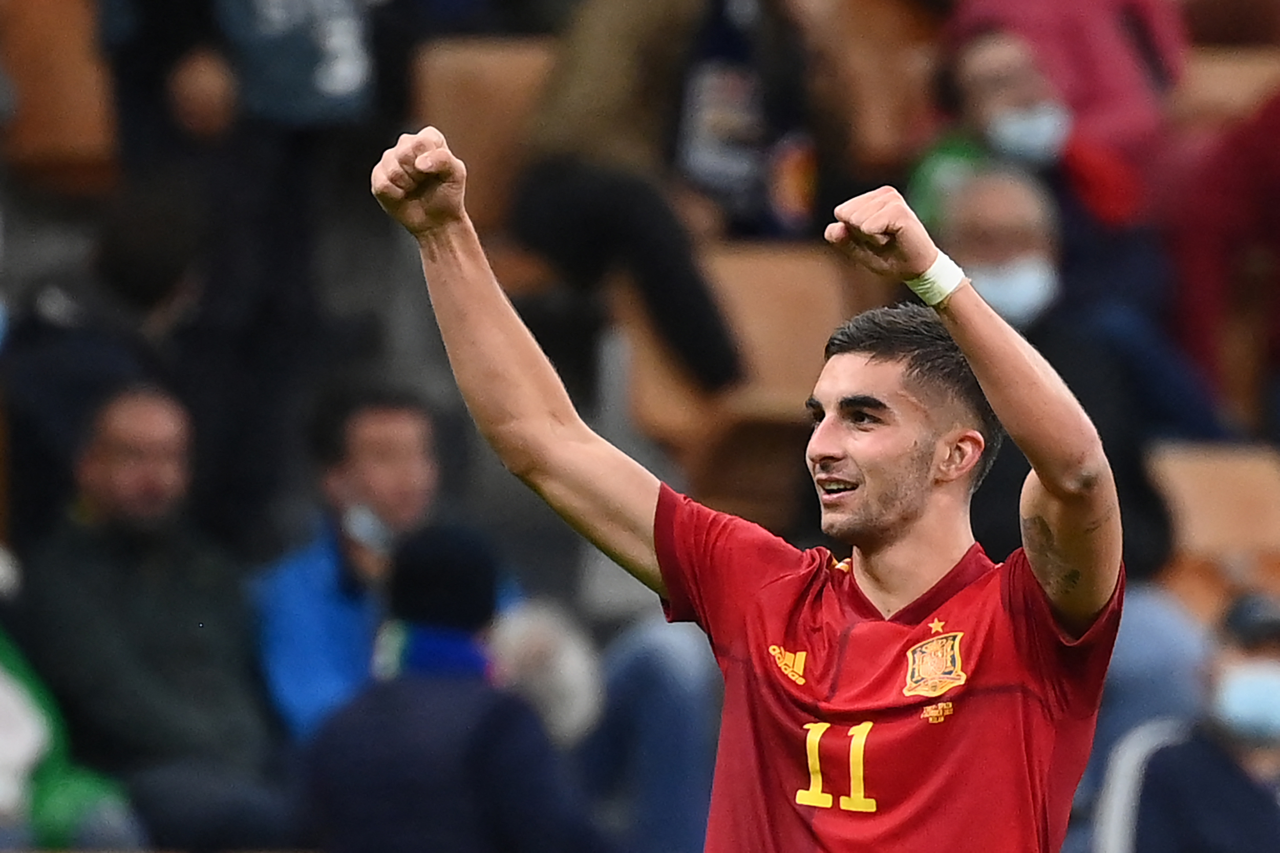 Spain's forward Ferran Torres celebrates after scoring a goal during the UEFA Nations League semifinal football match between Italy and Spain at the San Siro (Giuseppe-Meazza) stadium in Milan, on October 6, 2021. (Photo by FRANCK FIFE / AFP)
