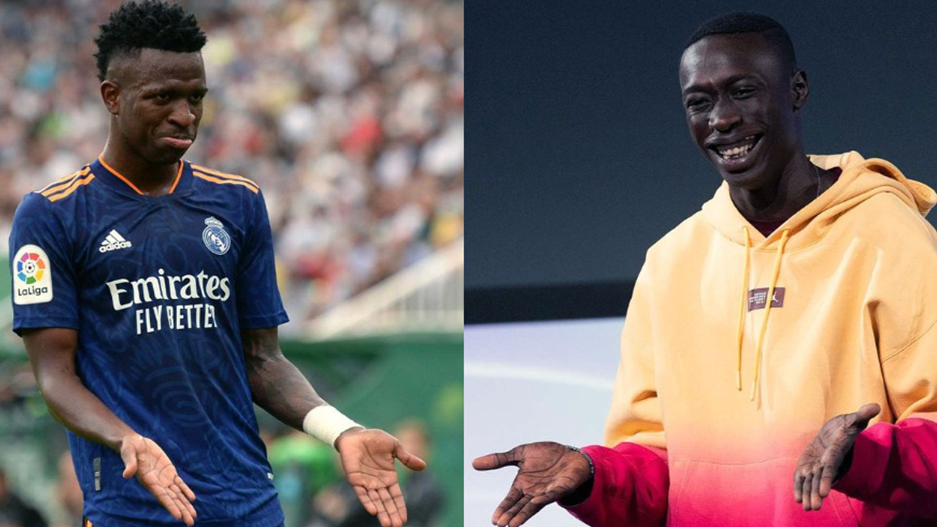 El jugador del Real Madrid Vinicius Jr llegó a siete tantos en el campeonato, festejando el último como el tiktoker senegalés, Khaby Lame. (Foto Prensa Libre: Twitter RealMadrid)