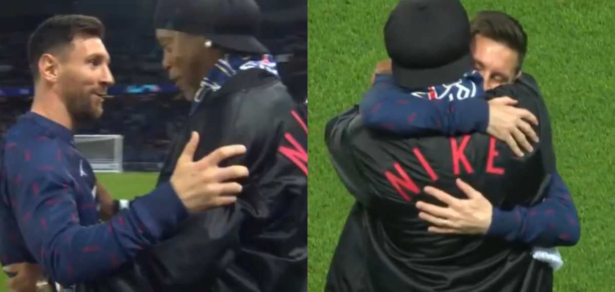 Un emotivo abrazo en el reencuentro de Lionel Messi y Ronaldinho antes del partido del PSG contra Leipzig
