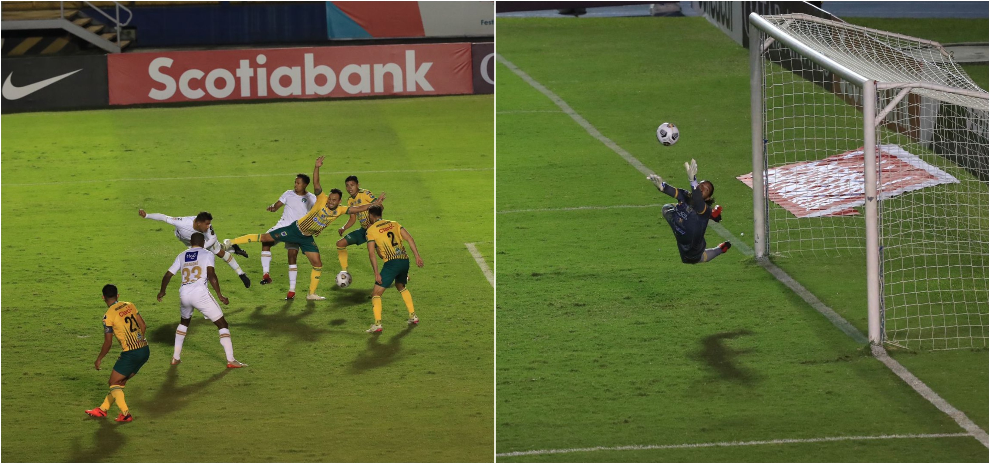 La secuencia del gol que anotó Andrés Lezcano de Comunicaciones ante Guastatoya. Con este resultado los albos ponen un pie en la final de la Liga Concacaf. Foto Prensa Libre: Elmer Vargas. 