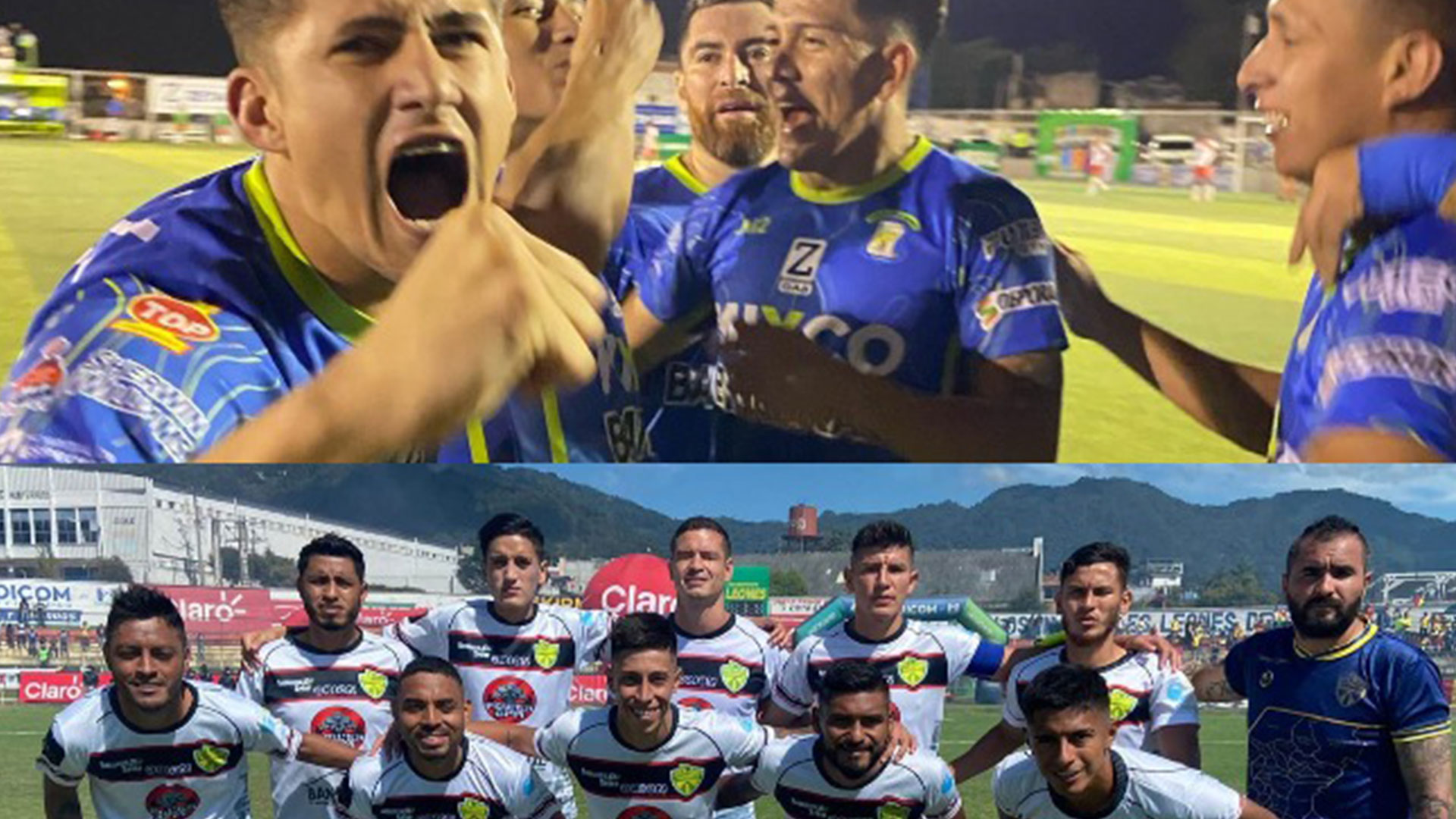 Los jugadores de Mixco (arriba) y los de Xinabajul Huhue (abajo) se vislumbran como virtuales finalistas de la Primera División tras ganar las semifinales de ida. (Foto Prensa Libre: Facebook)
